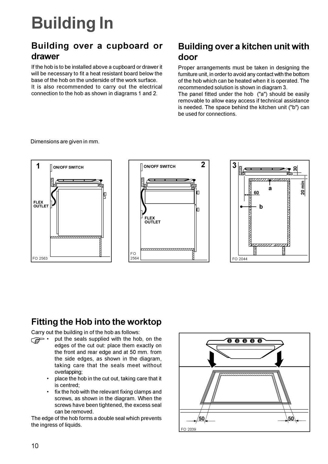 Zanussi ZGF782C manual Building over a cupboard or drawer, Building over a kitchen unit with door 