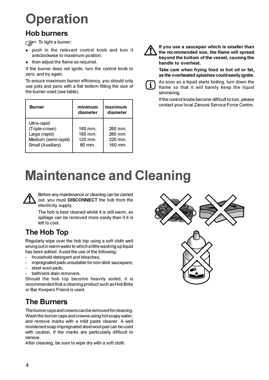 Zanussi ZGF782C manual Operation, Maintenance and Cleaning, Hob burners, Hob Top, Burners 