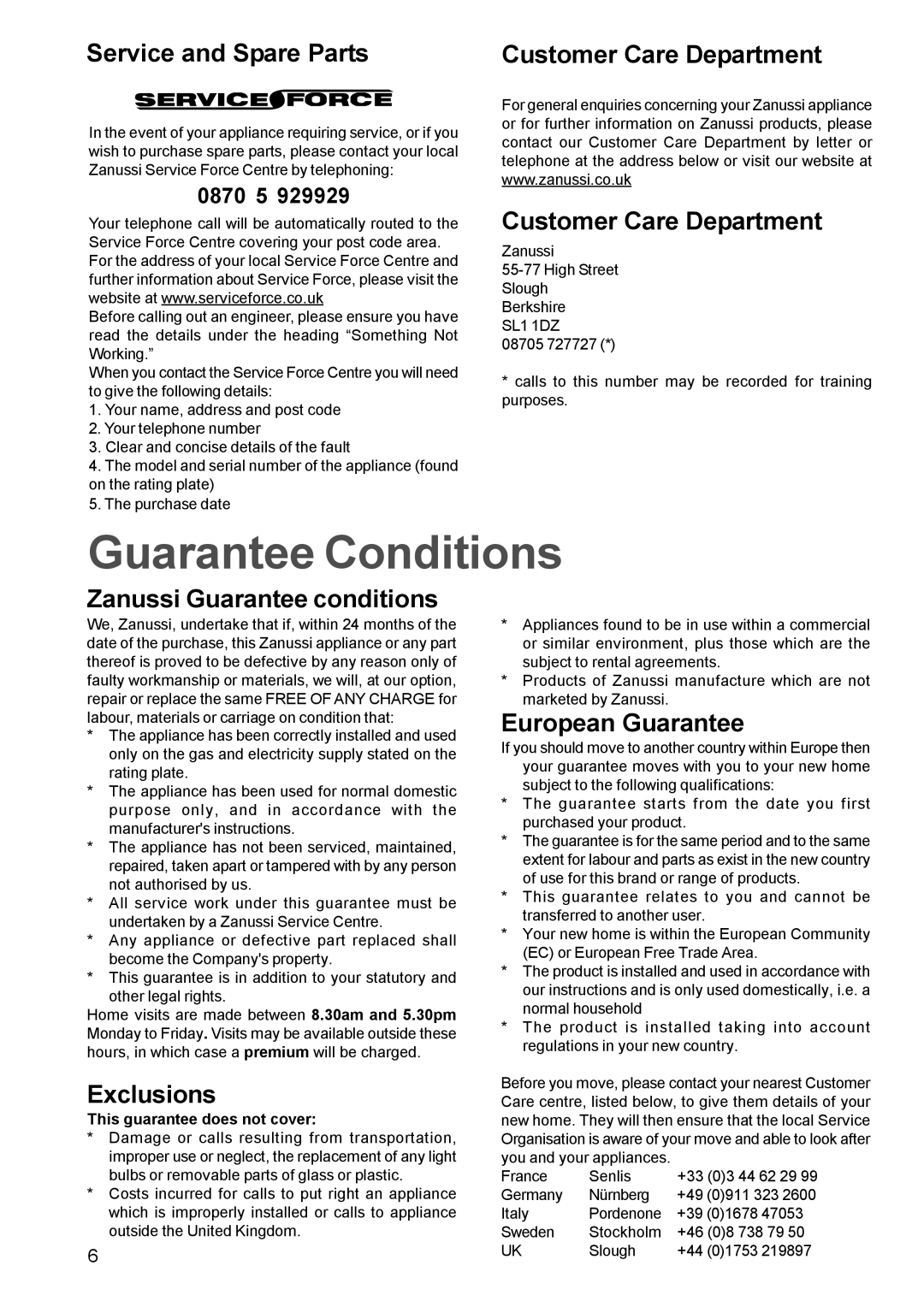 Zanussi ZGF782C manual Guarantee Conditions 