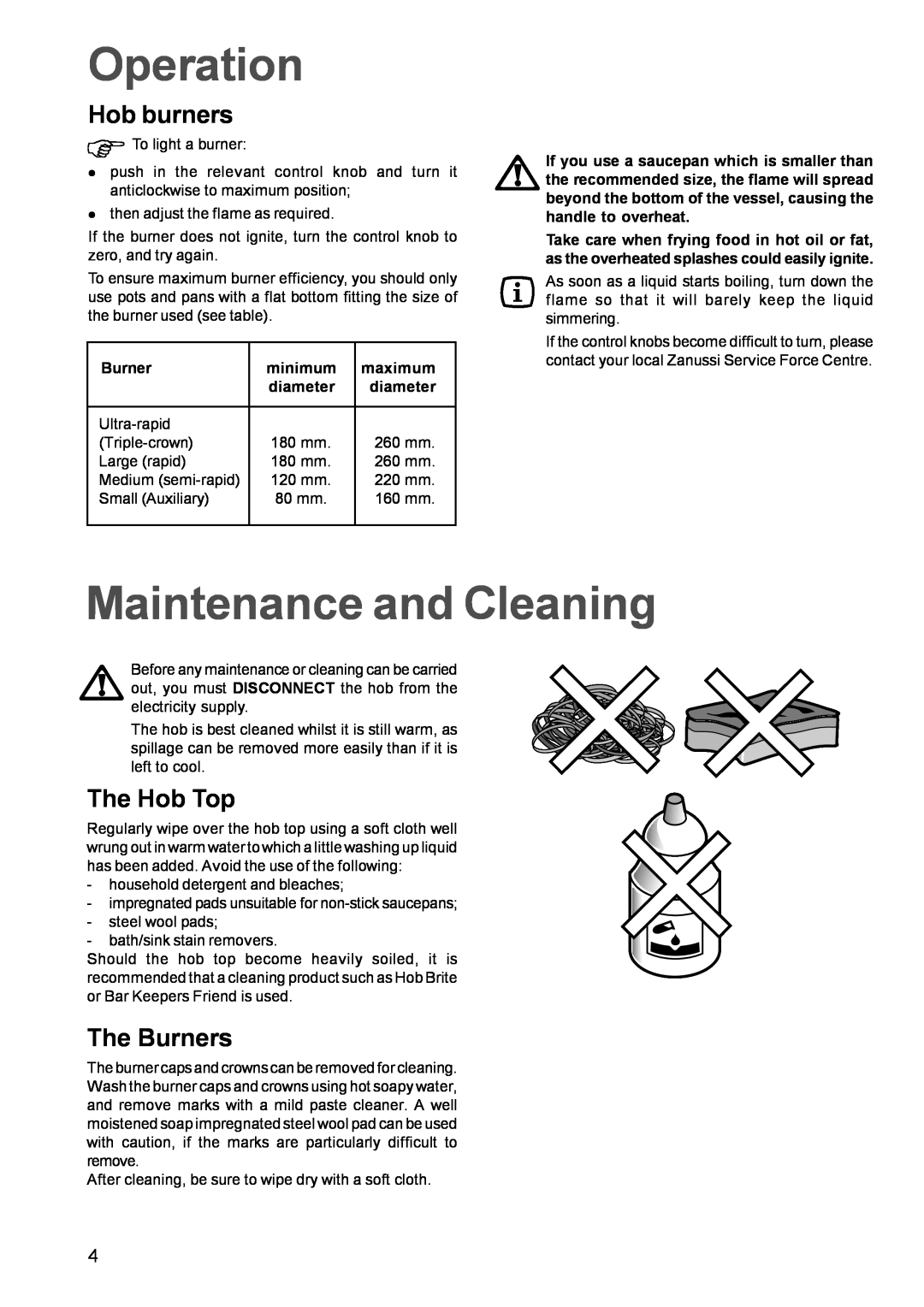 Zanussi ZGF782C manual Operation, Maintenance and Cleaning, Hob burners, The Hob Top, The Burners 