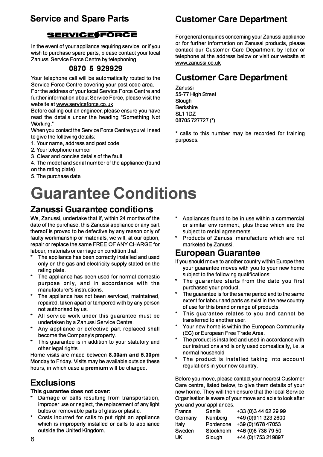 Zanussi ZGF782C Guarantee Conditions, Service and Spare Parts, Customer Care Department, Zanussi Guarantee conditions 