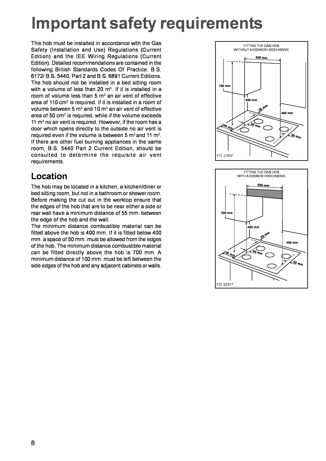 Zanussi ZGF782C manual Important safety requirements, Location 