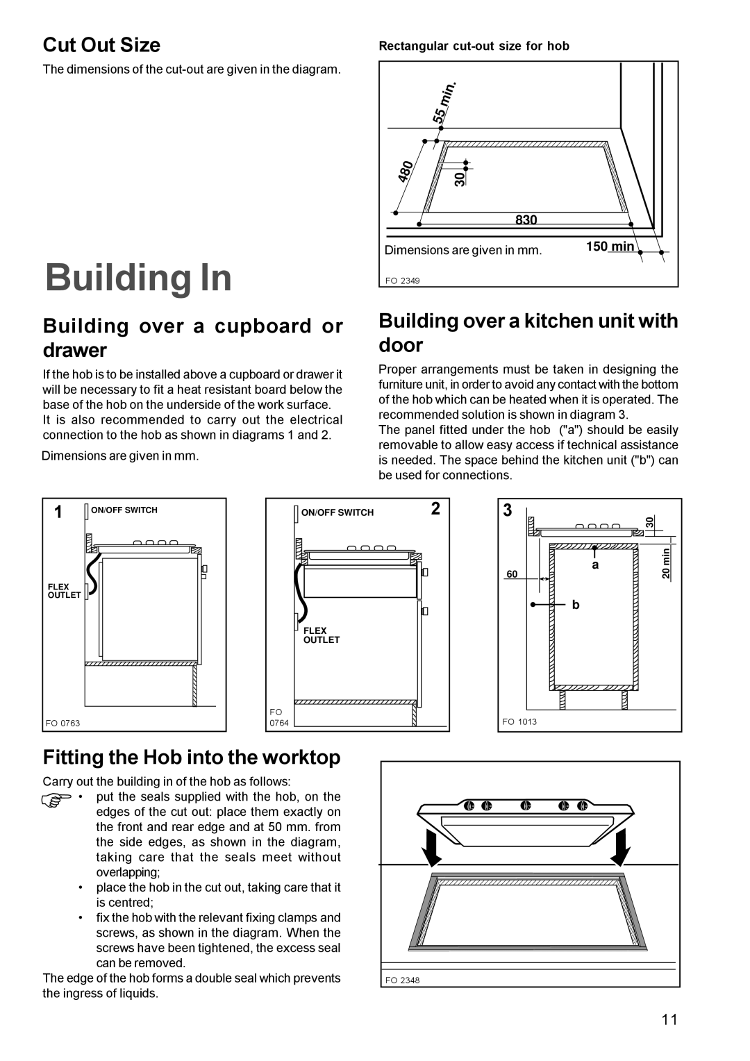 Zanussi ZGF982C manual Cut Out Size, Building over a cupboard or drawer, Building over a kitchen unit with door 