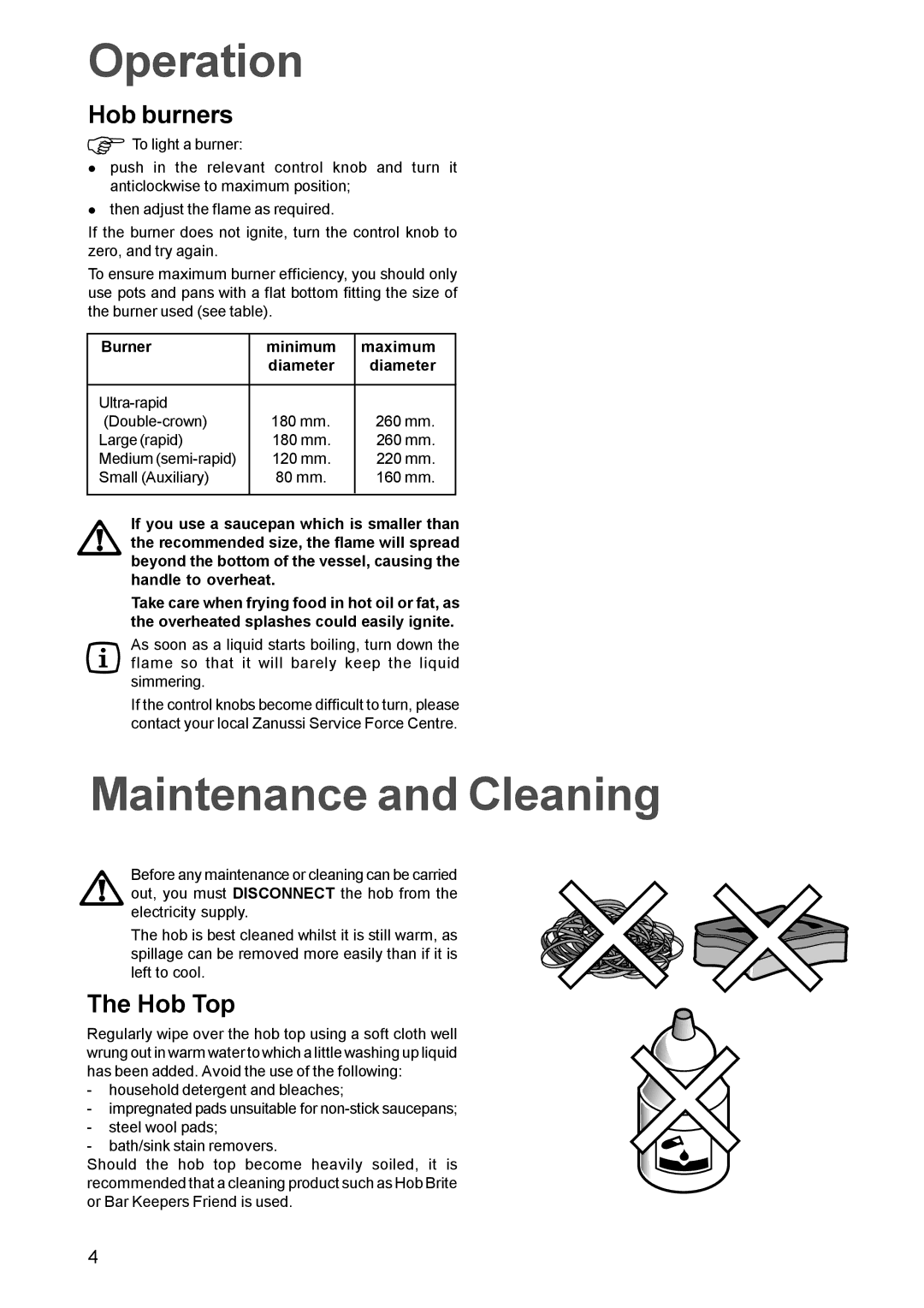 Zanussi ZGF982C manual Operation, Maintenance and Cleaning, Hob burners, Hob Top 