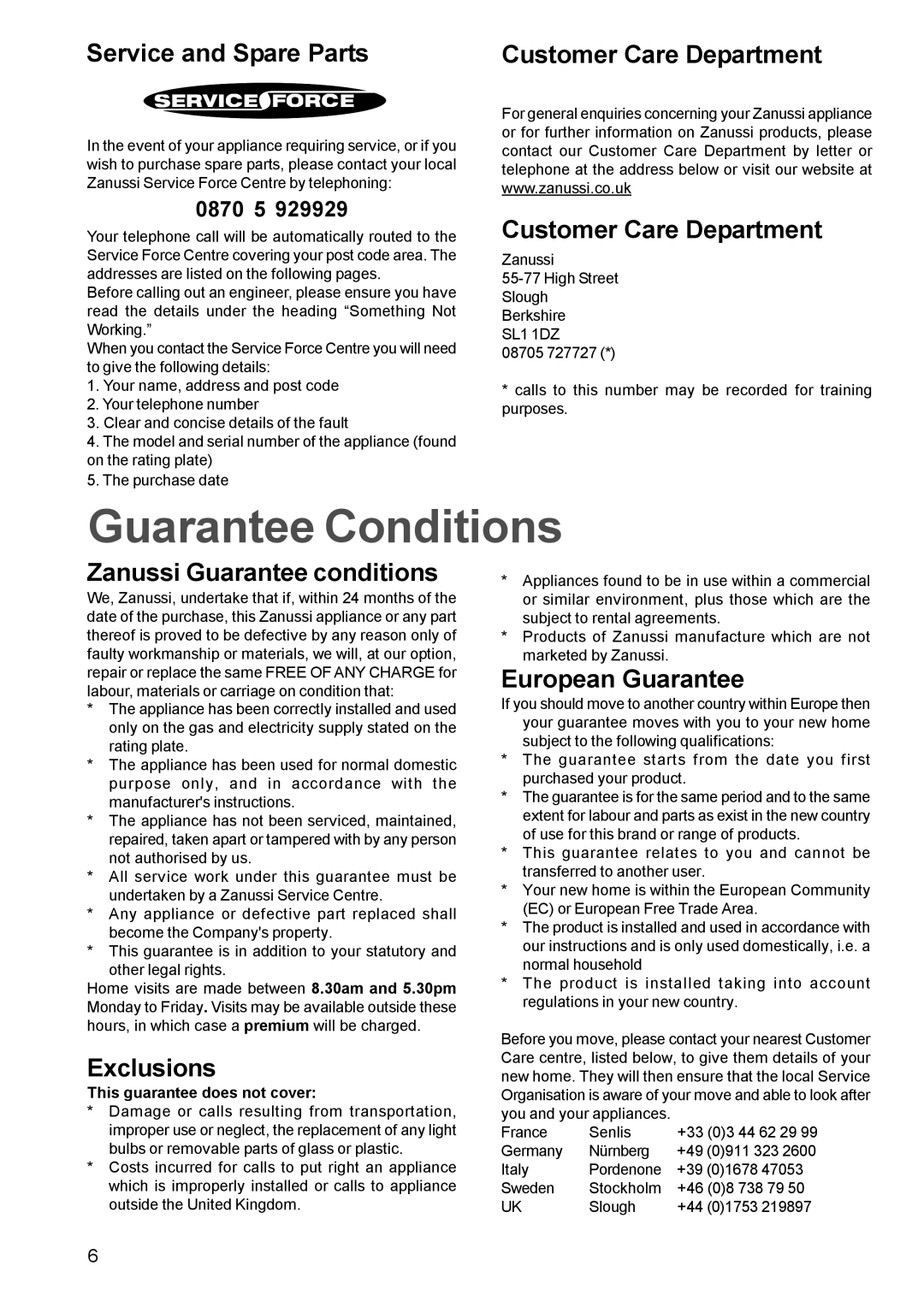 Zanussi ZGF982C manual Guarantee Conditions 