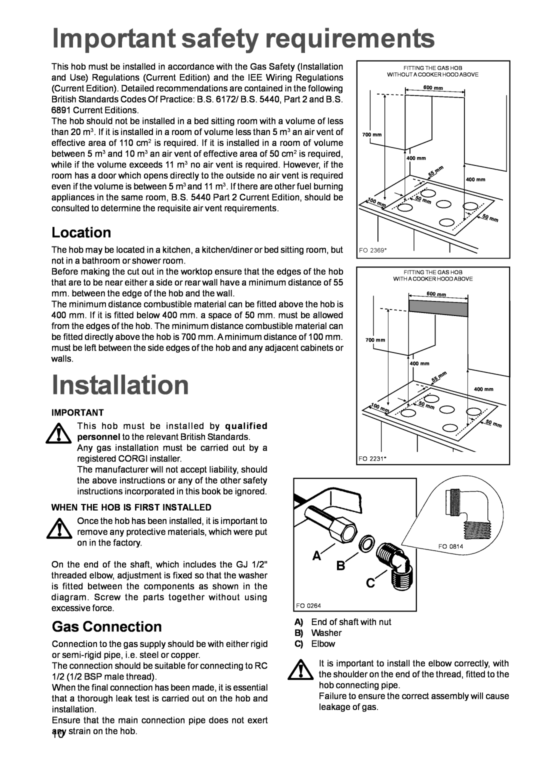 Zanussi ZGF982C manual Important safety requirements, Installation, Location, Gas Connection 