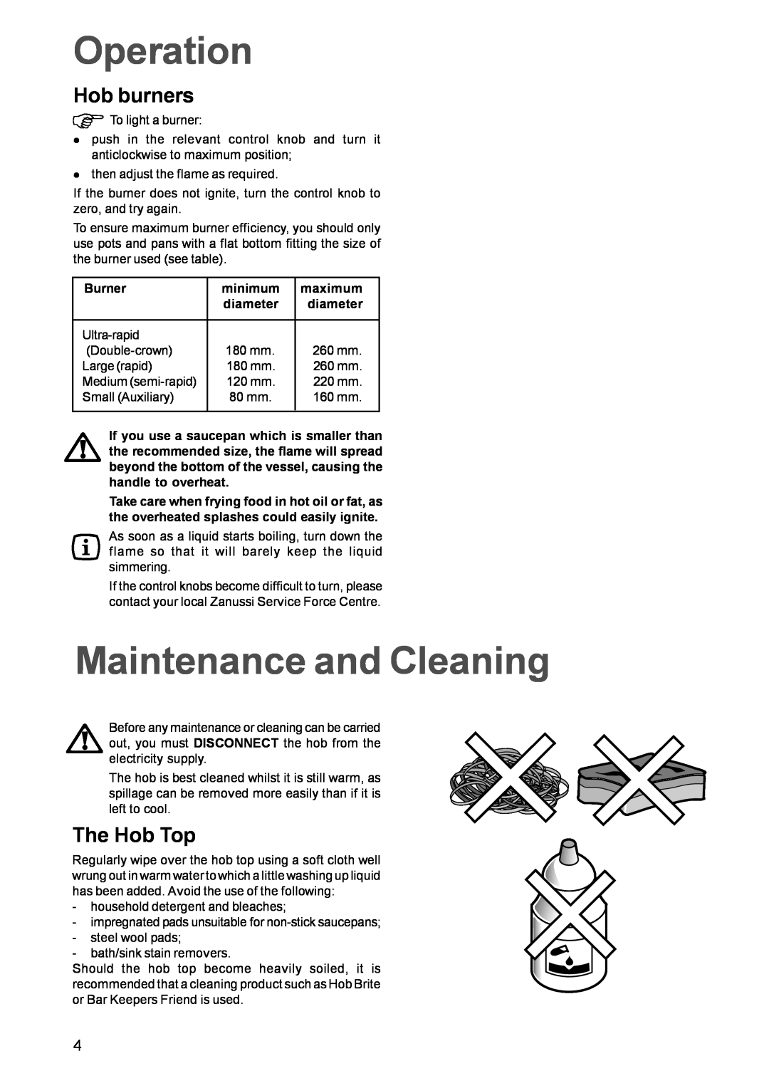Zanussi ZGF982C manual Operation, Maintenance and Cleaning, Hob burners, The Hob Top 