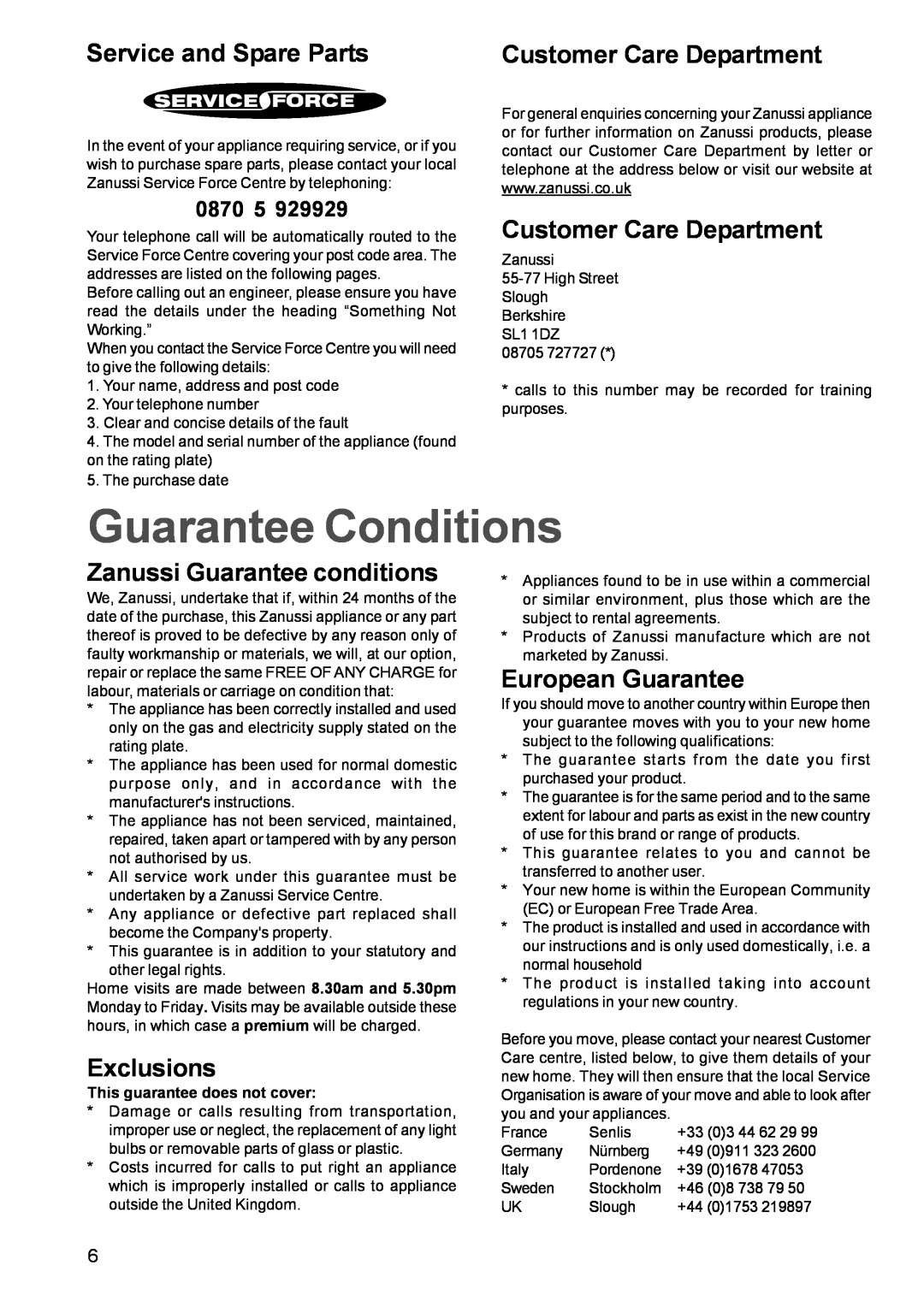 Zanussi ZGF982C Guarantee Conditions, Service and Spare Parts, Customer Care Department, Zanussi Guarantee conditions 