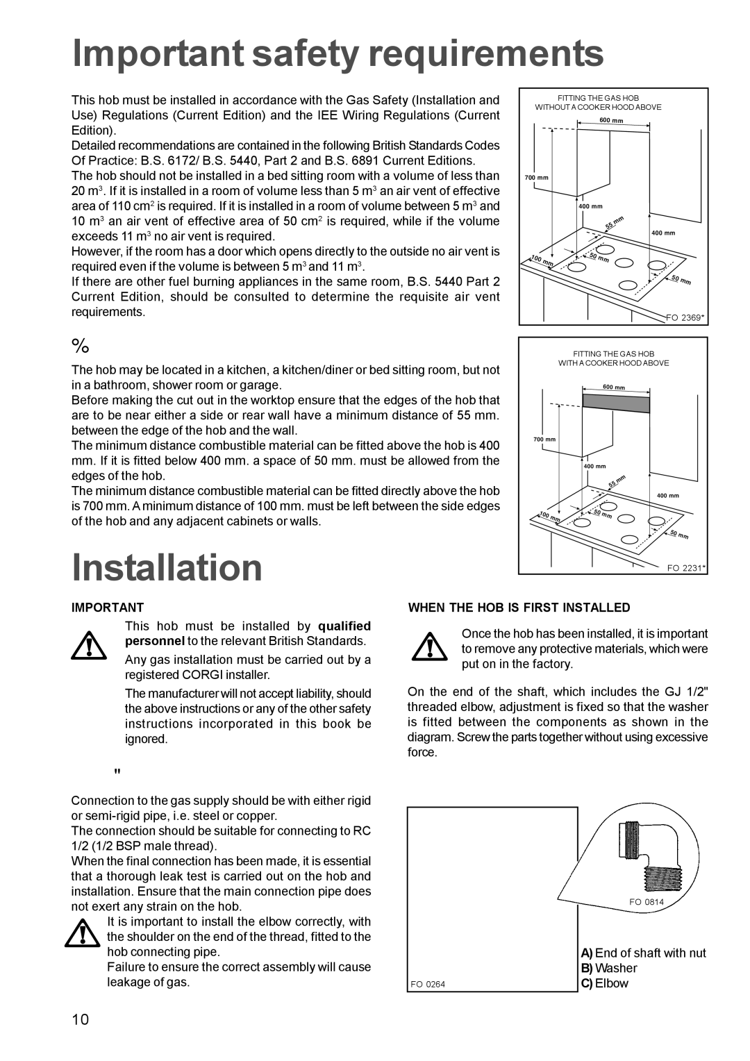 Zanussi ZGG 642 ZGG 752 manual Important safety requirements, Installation, Location, Gas Connection 