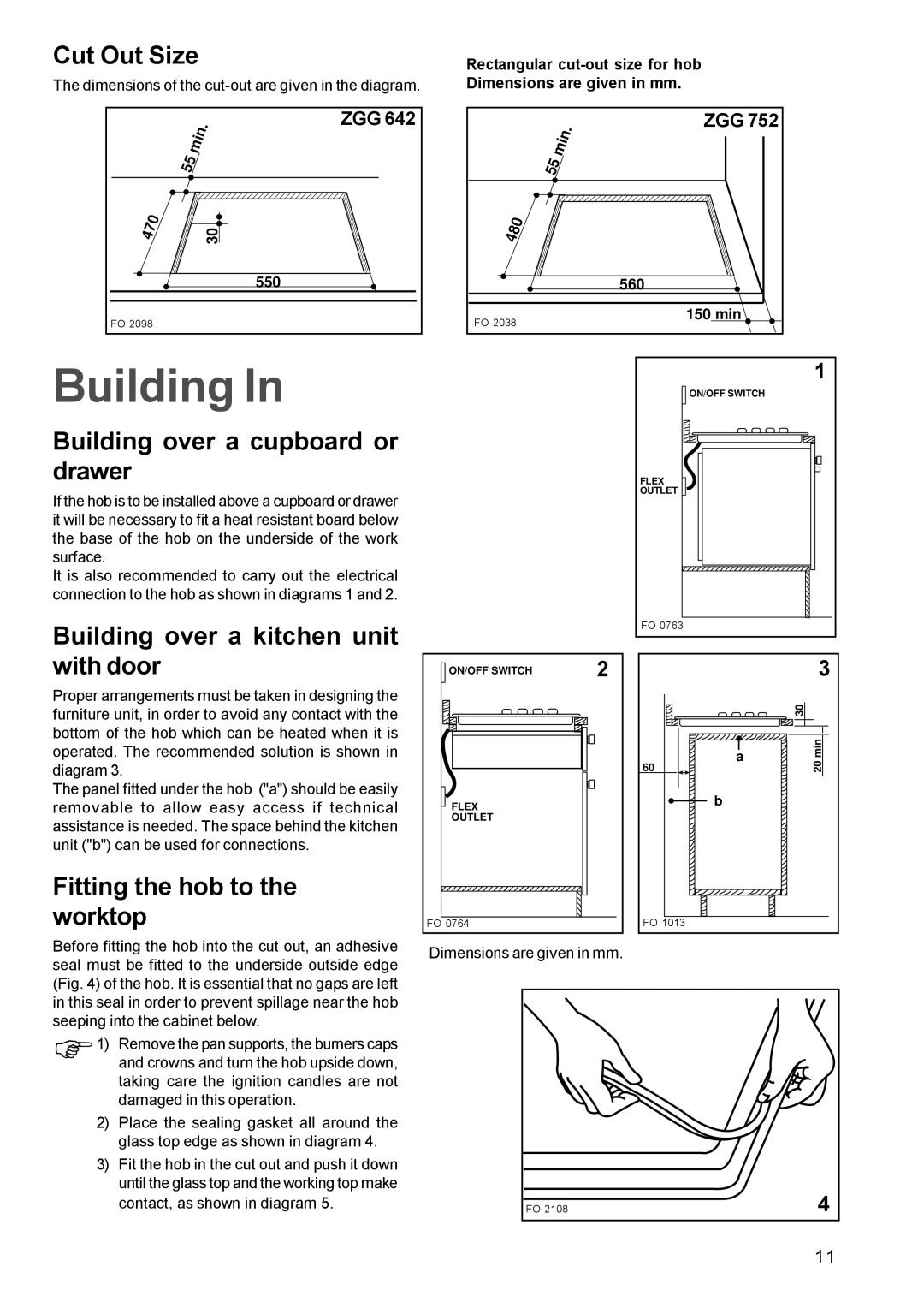 Zanussi ZGG 642 ZGG 752 manual Cut Out Size, Building over a cupboard or drawer, Building over a kitchen unit with door 