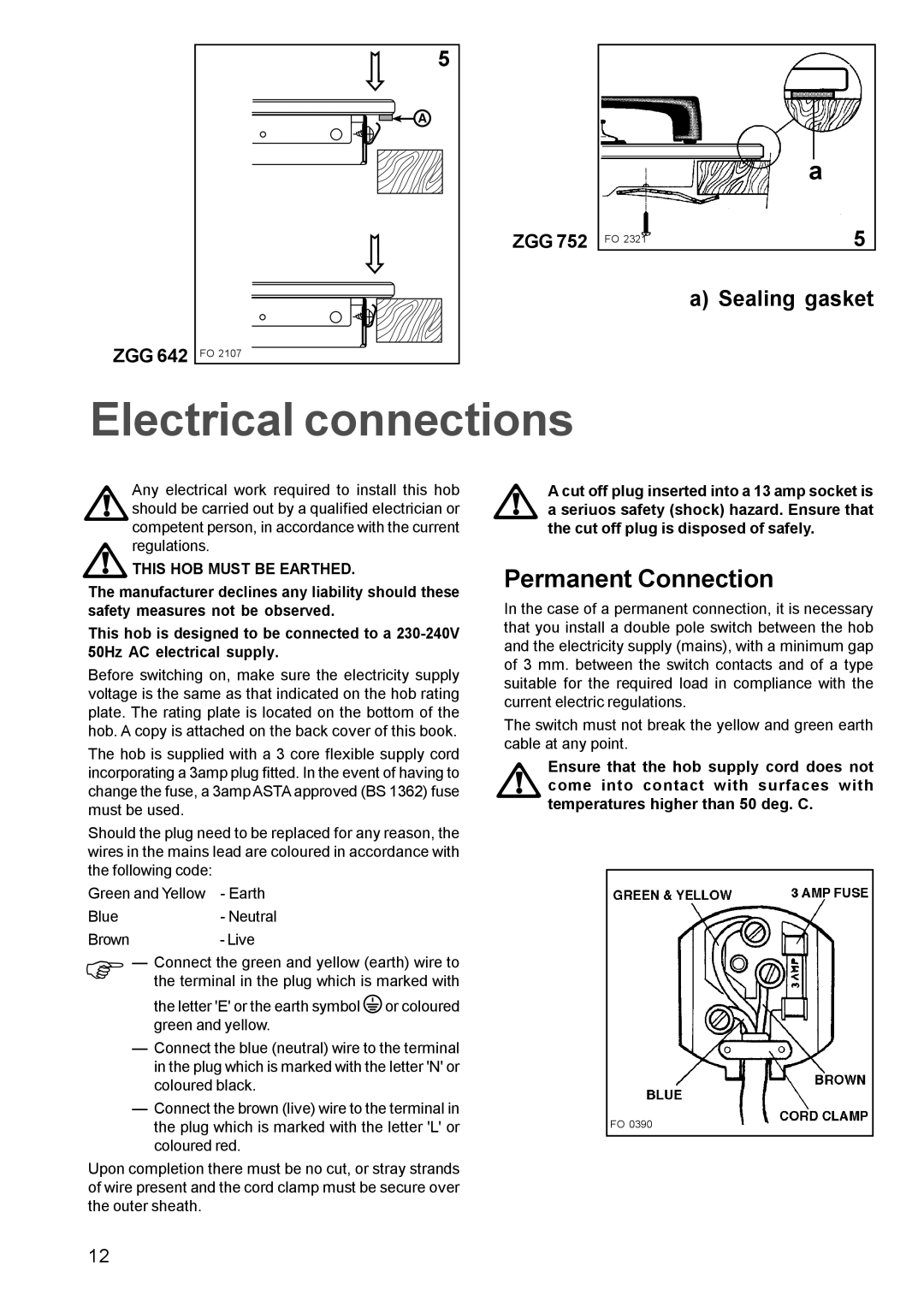 Zanussi ZGG 642 ZGG 752 manual Electrical connections, Permanent Connection, This HOB Must be Earthed 