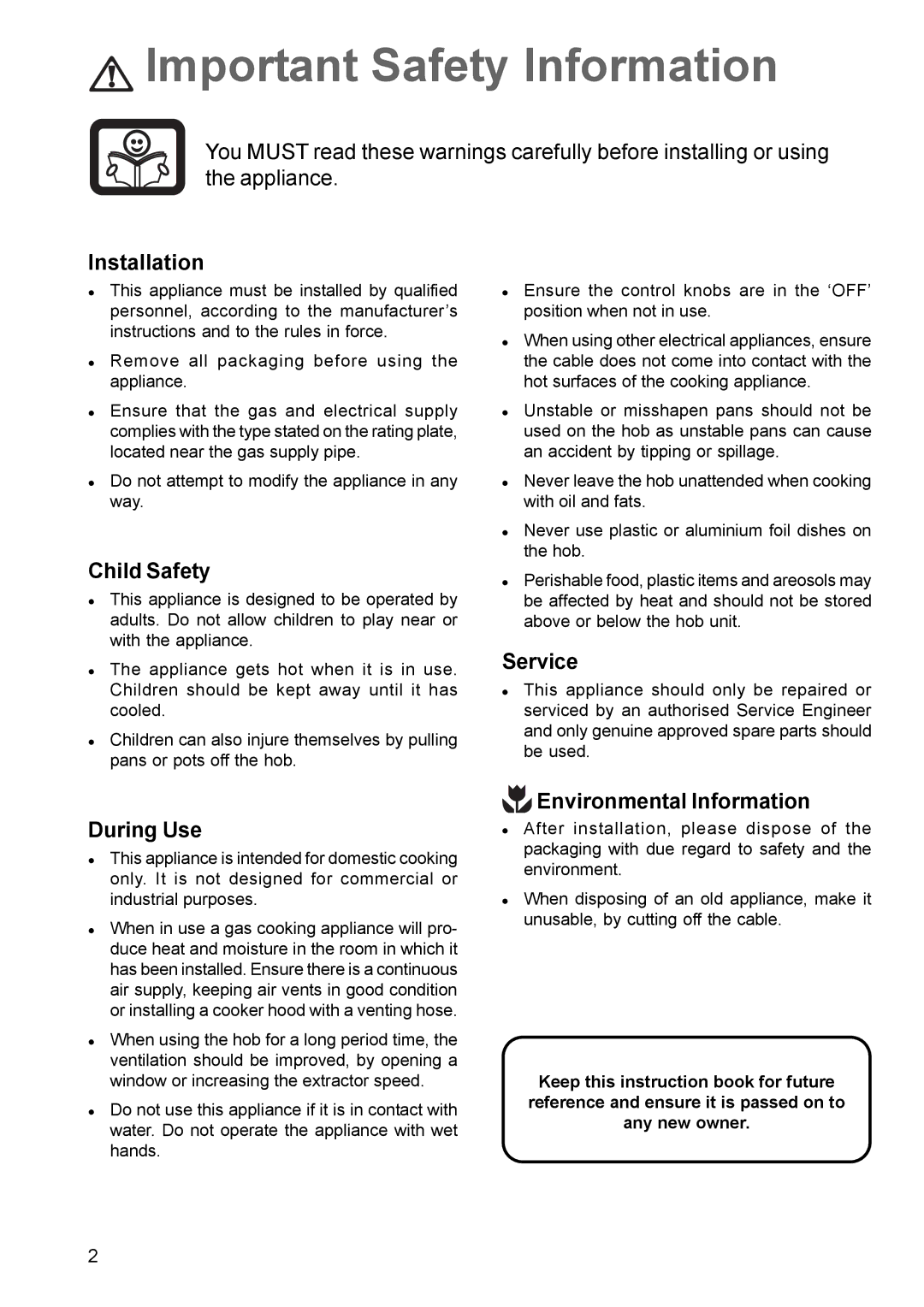 Zanussi ZGG 659 manual Important Safety Information 