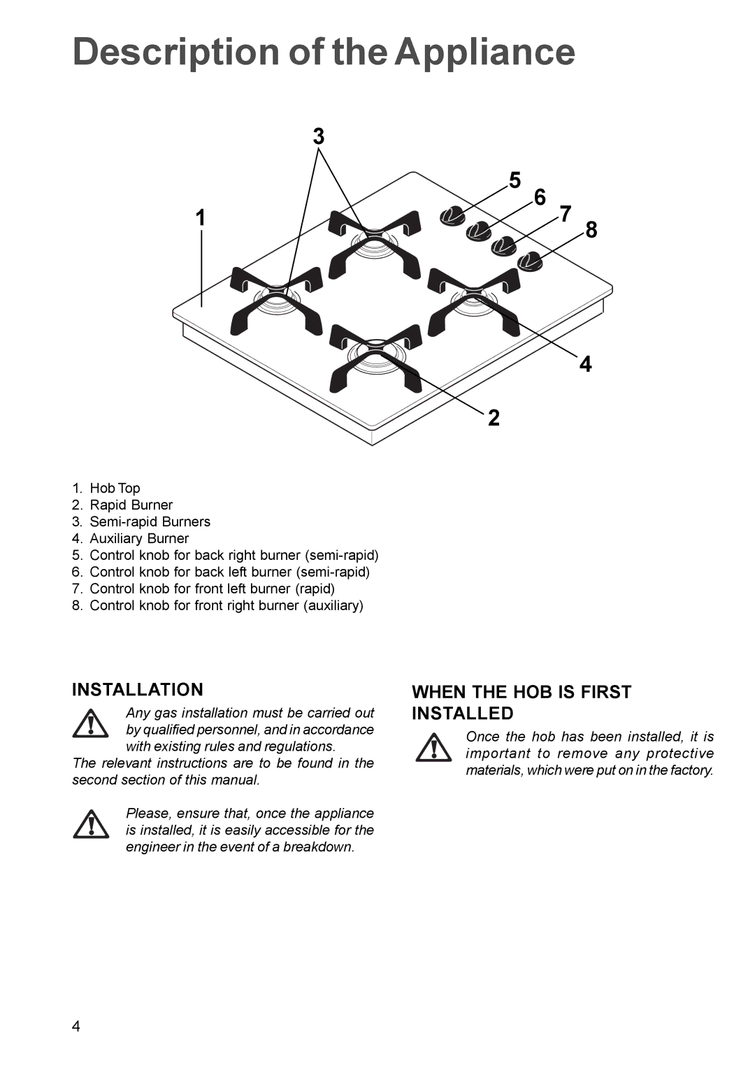 Zanussi ZGG 659 manual Description of the Appliance, Installation 