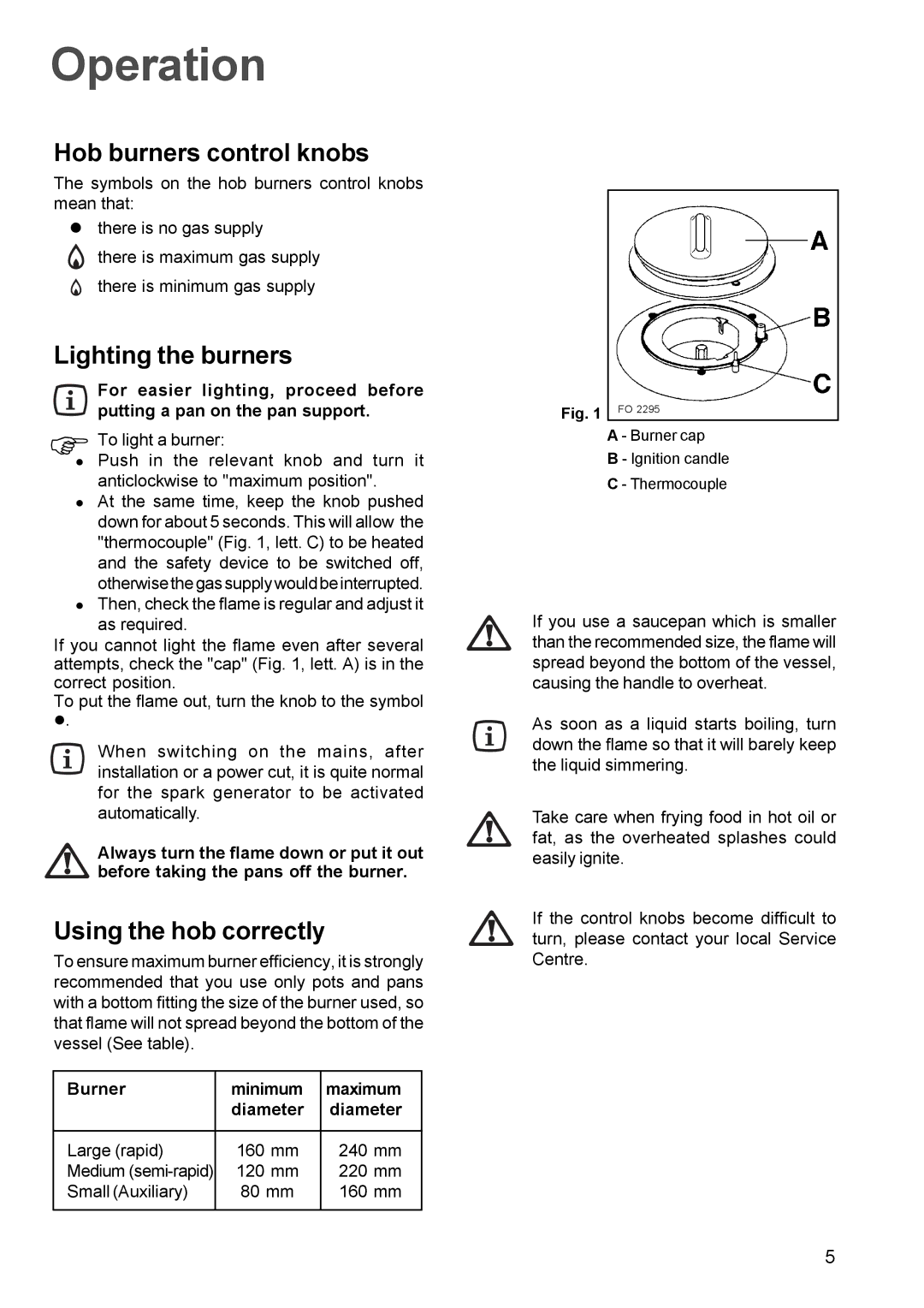 Zanussi ZGG 659 manual Operation, Hob burners control knobs, Lighting the burners, Using the hob correctly 