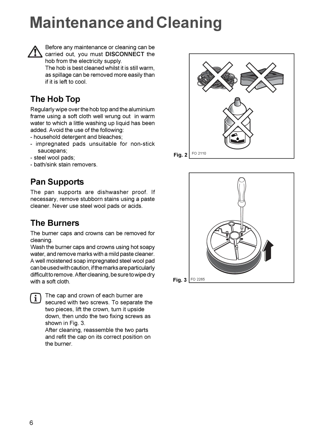 Zanussi ZGG 659 manual Maintenance and Cleaning, Hob Top, Pan Supports, Burners 