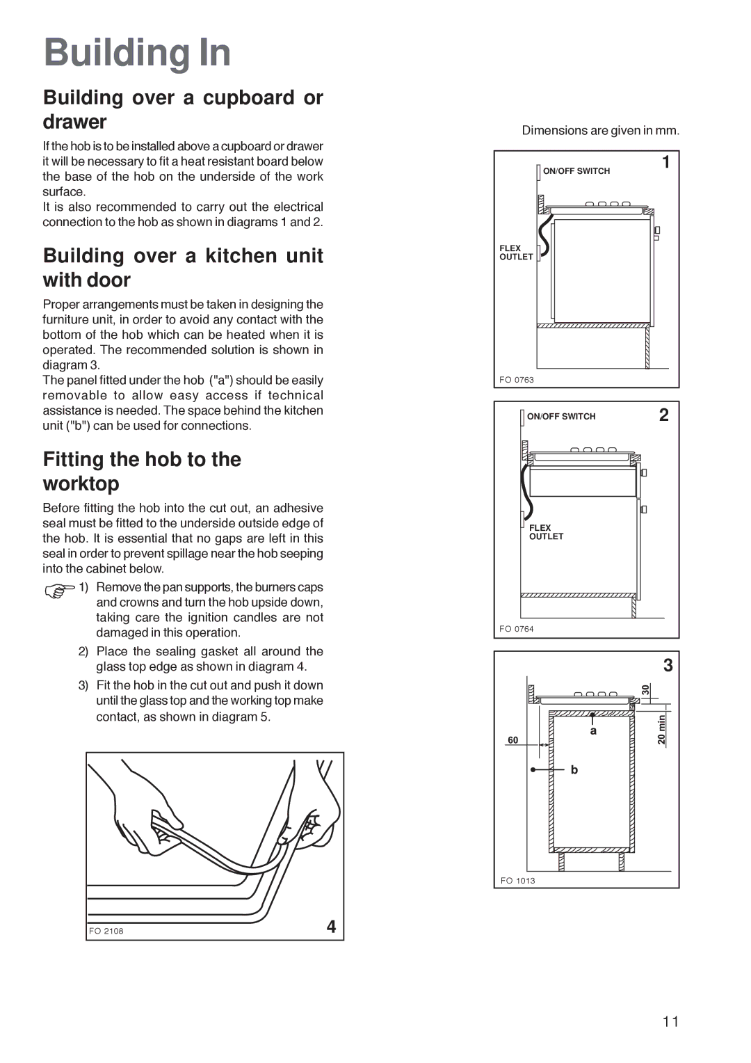 Zanussi ZGG 782 manual Building over a cupboard or drawer, Building over a kitchen unit with door 