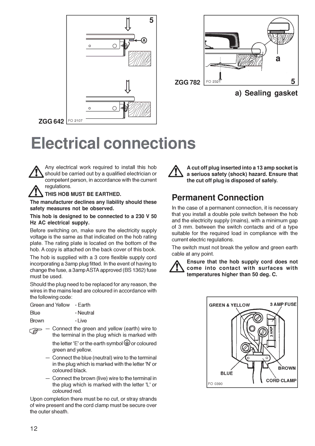 Zanussi ZGG 782 manual Electrical connections, Permanent Connection, This HOB Must be Earthed 