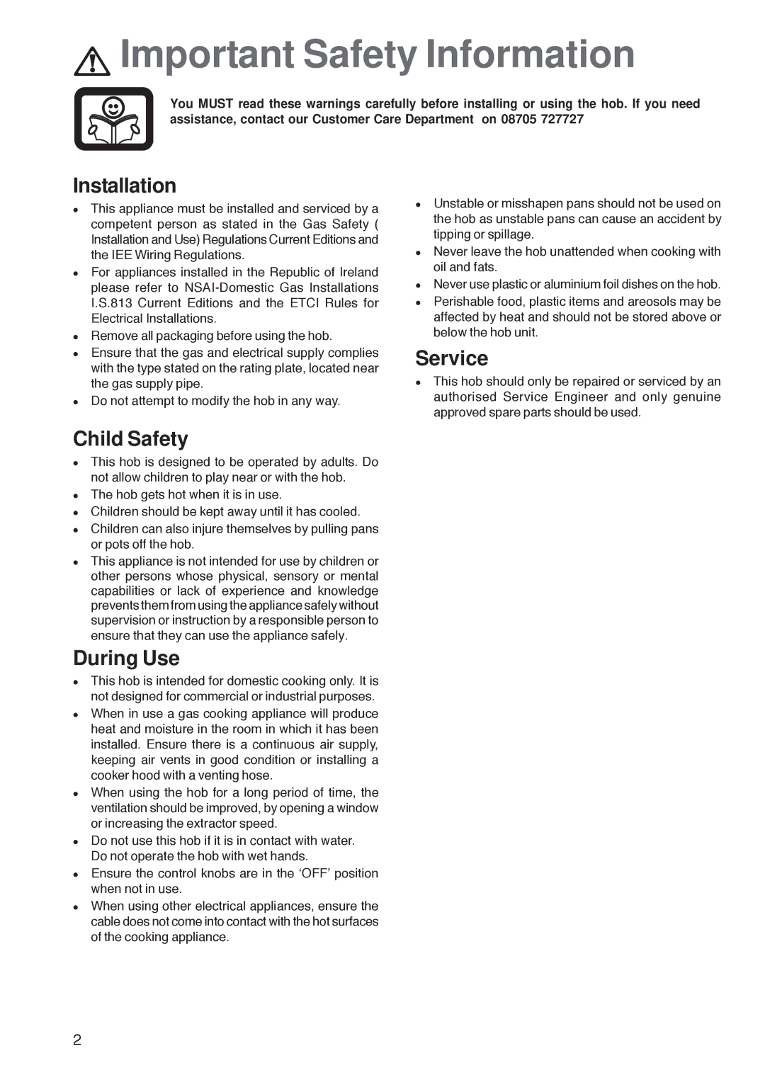 Zanussi ZGG 782 manual Important Safety Information, Installation, Service, Child Safety, During Use 