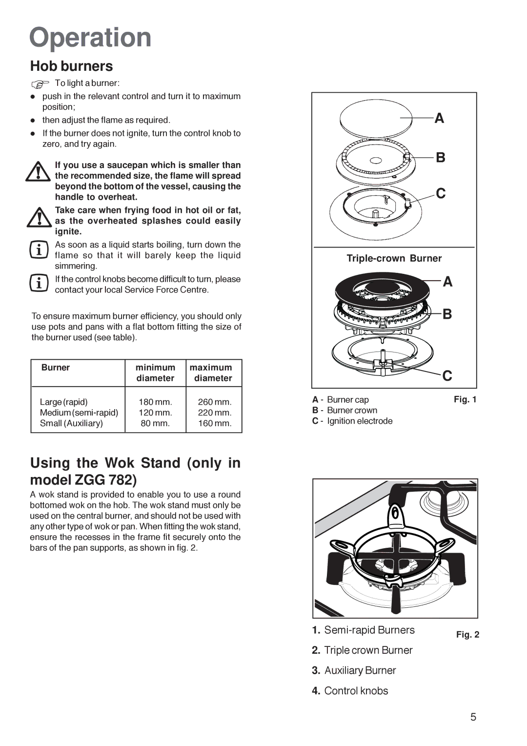 Zanussi ZGG 782 manual Operation, Hob burners, Using the Wok Stand only in model ZGG 