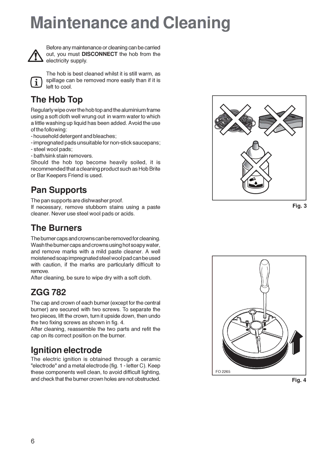 Zanussi ZGG 782 manual Maintenance and Cleaning, Hob Top, Pan Supports, Burners, Ignition electrode 