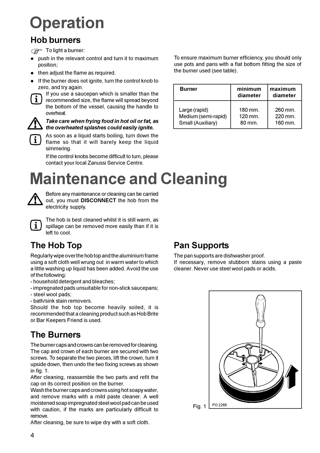 Zanussi ZGG642C manual Operation, Maintenance and Cleaning 