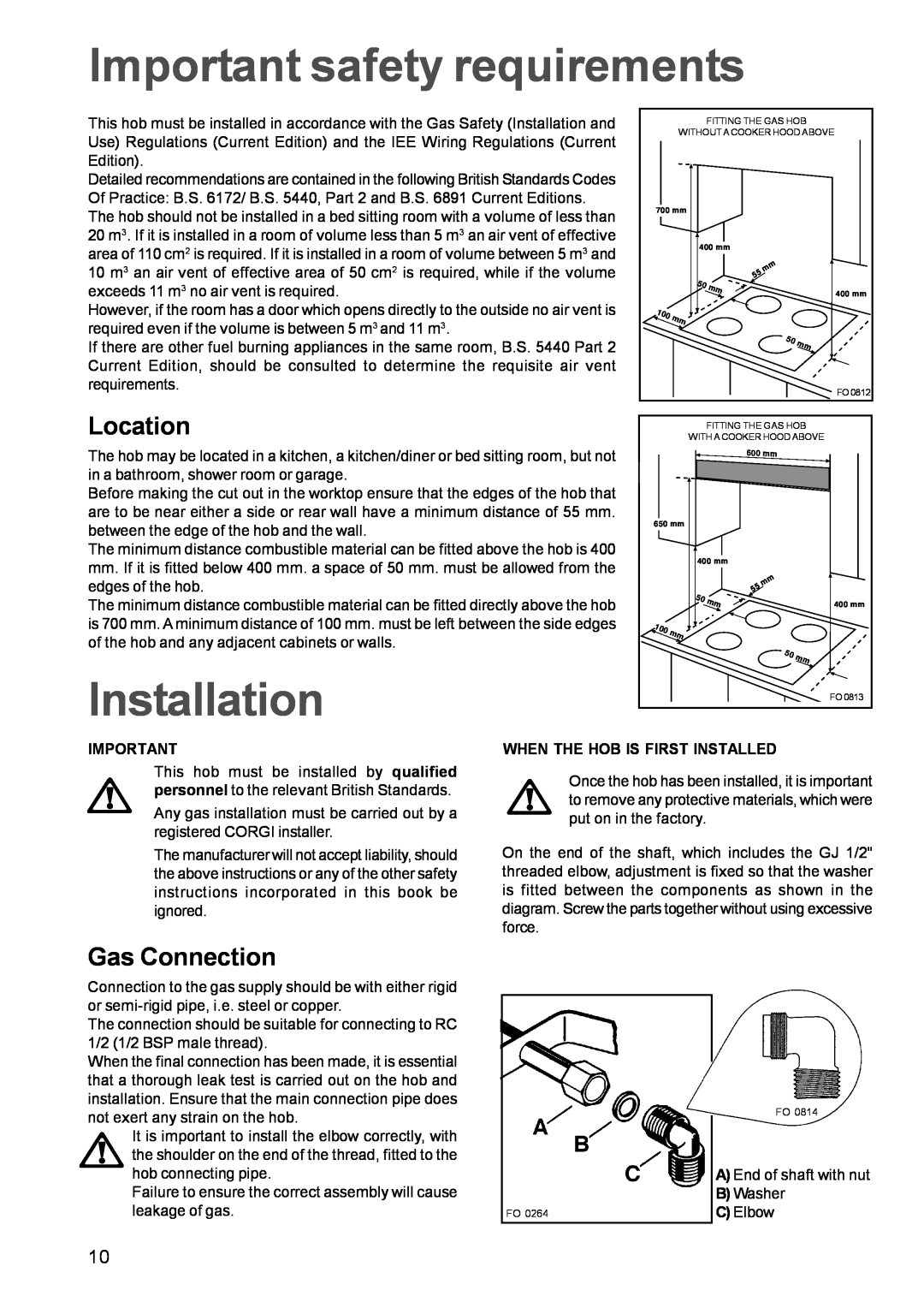 Zanussi ZGG642C manual Important safety requirements, InstallationFO, Location, Gas Connection 