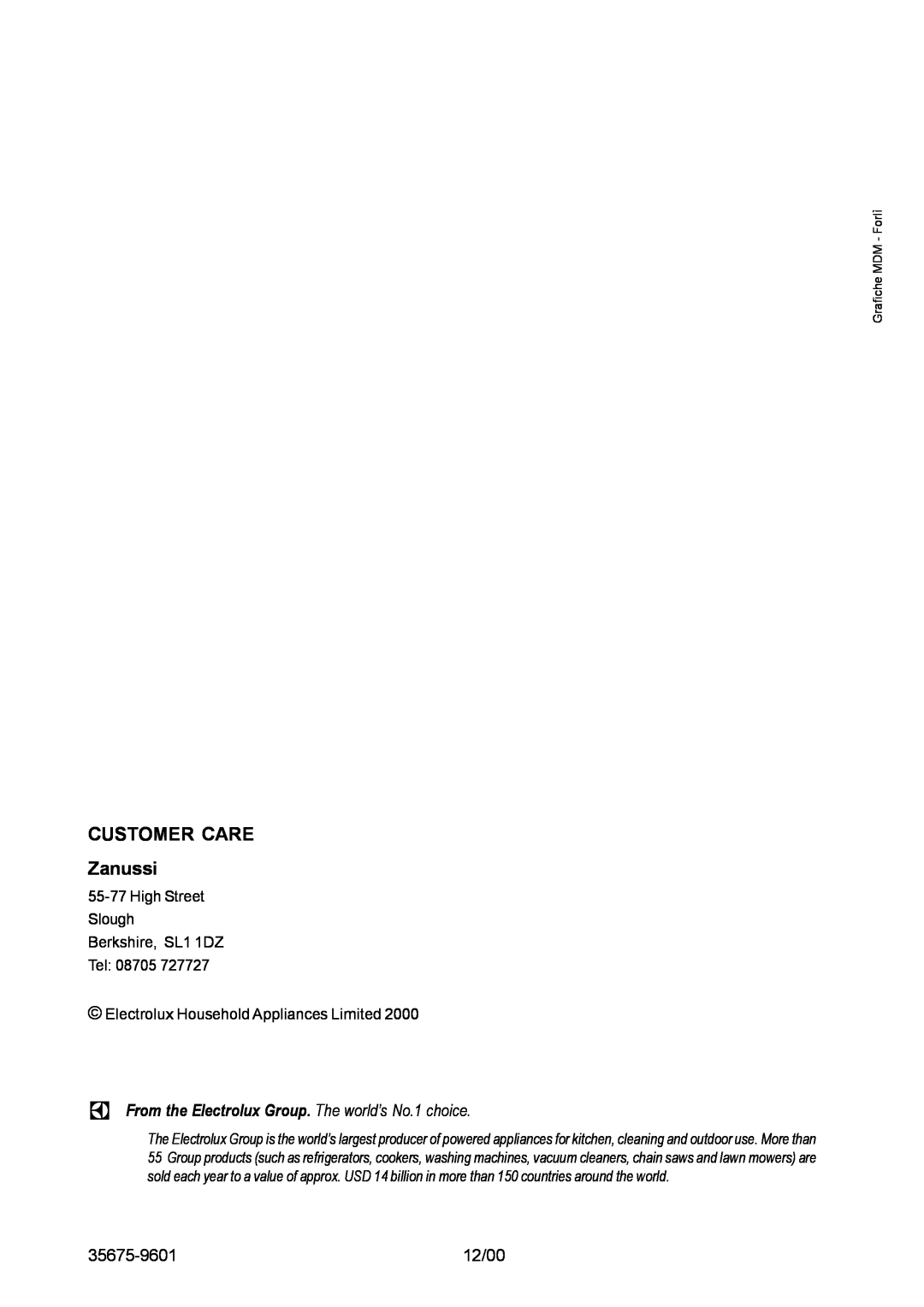 Zanussi ZGG642C manual CUSTOMER CARE Zanussi, 35675-9601, 12/00 
