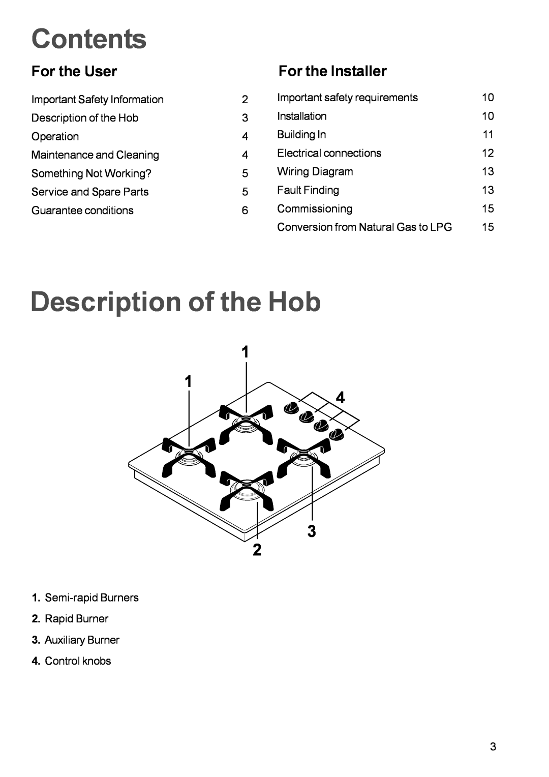 Zanussi ZGG642C manual Contents, Description of the Hob, For the User, For the Installer, 1 1 4 