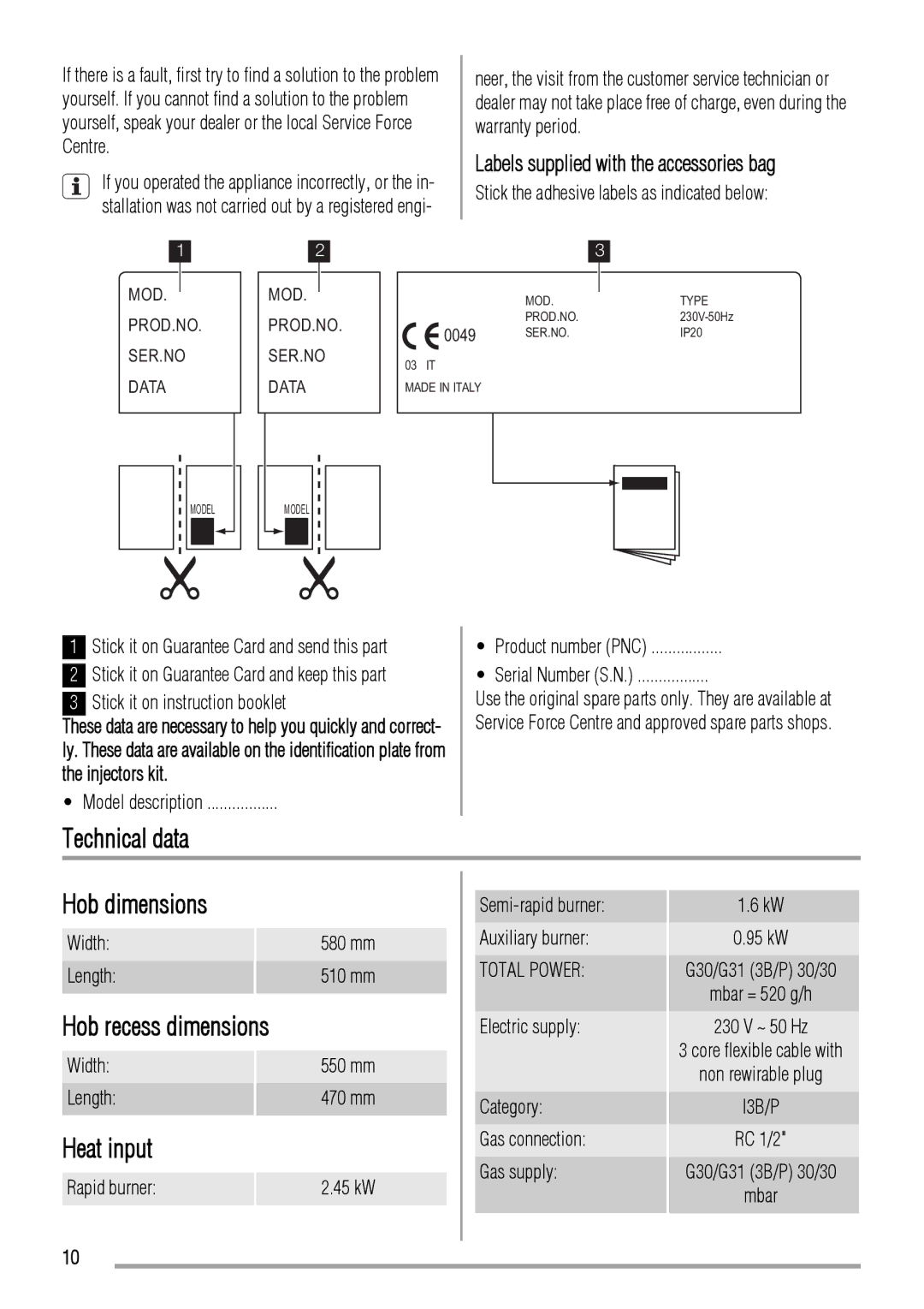 Zanussi ZGG649 Technical data Hob dimensions, Hob recess dimensions, Heat input, Labels supplied with the accessories bag 