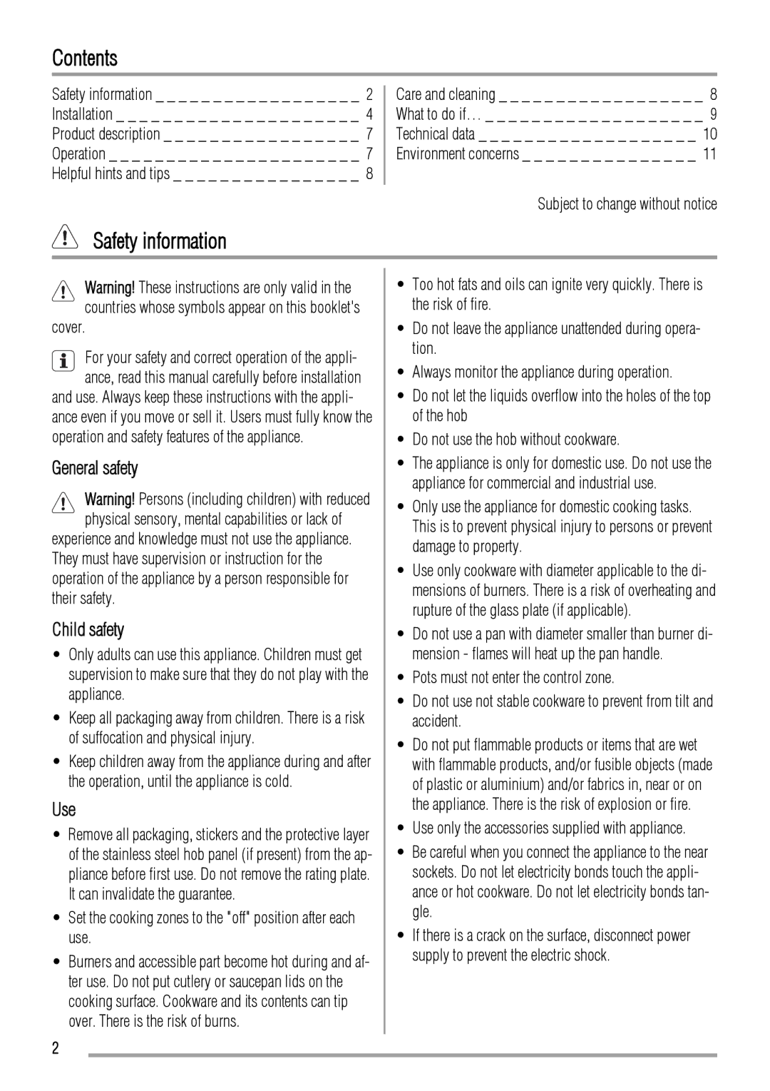 Zanussi ZGG649 user manual Contents, Safety information 