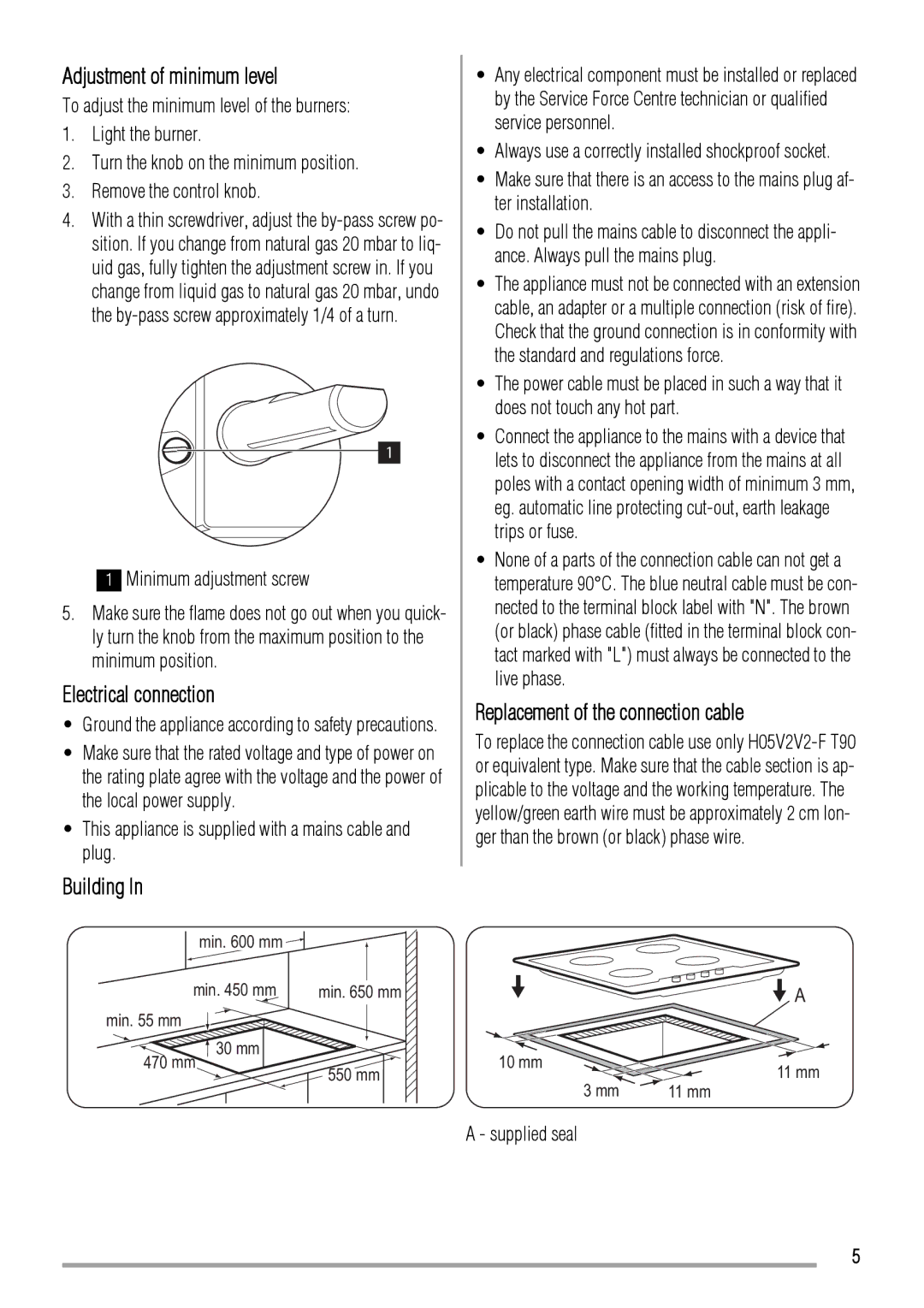 Zanussi ZGG649 Adjustment of minimum level, Electrical connection, Replacement of the connection cable, Building 