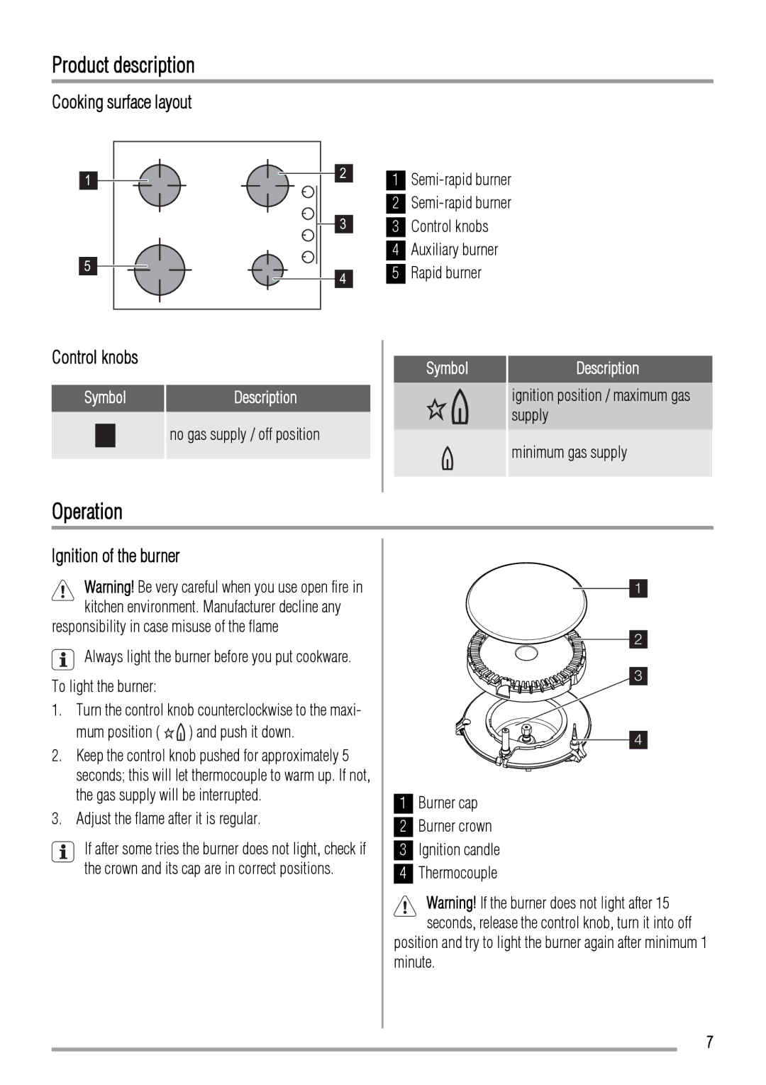 Zanussi ZGG649 user manual Product description, Operation, Cooking surface layout, Ignition of the burner 