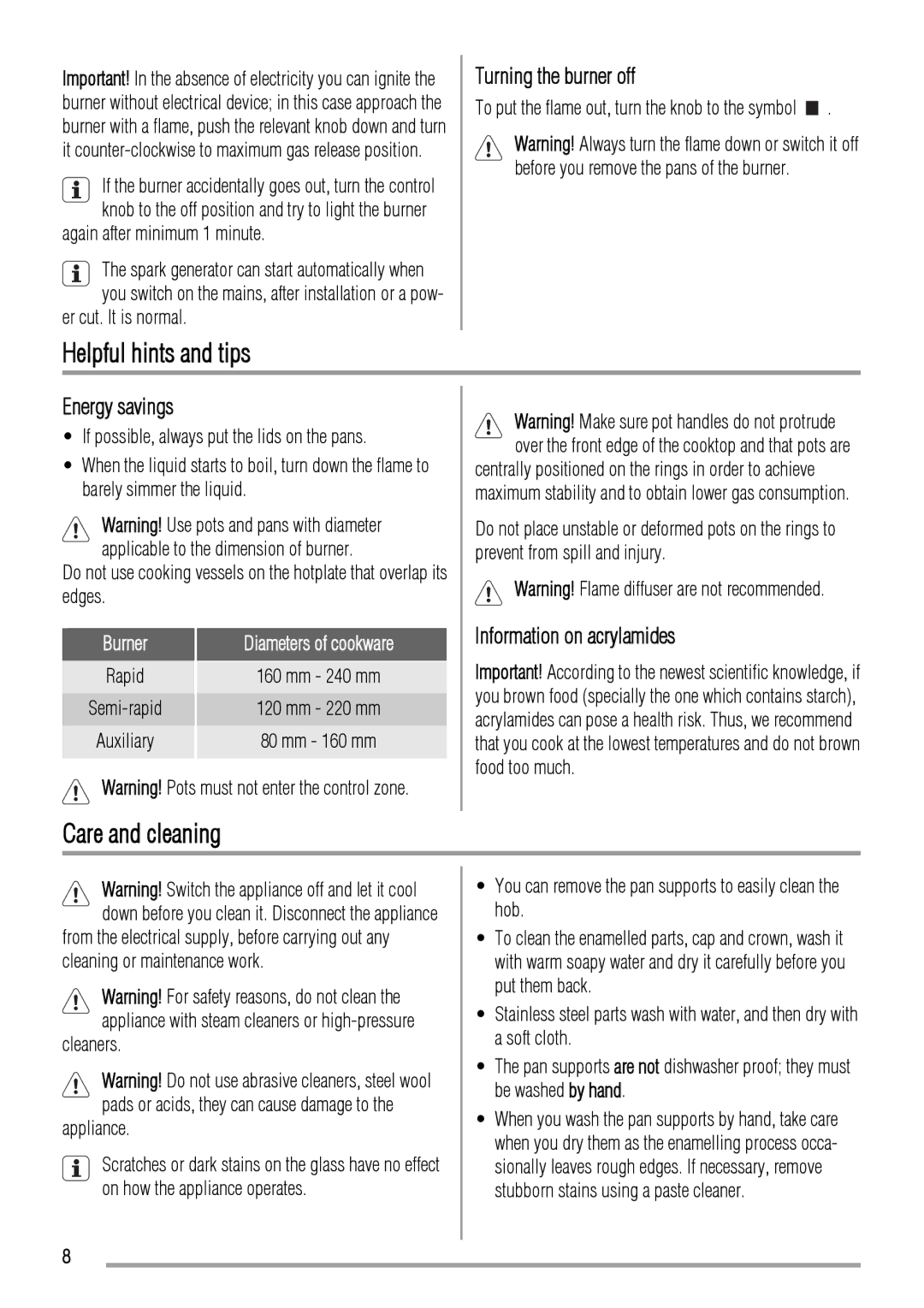 Zanussi ZGG649 user manual Helpful hints and tips, Care and cleaning, Turning the burner off, Energy savings 