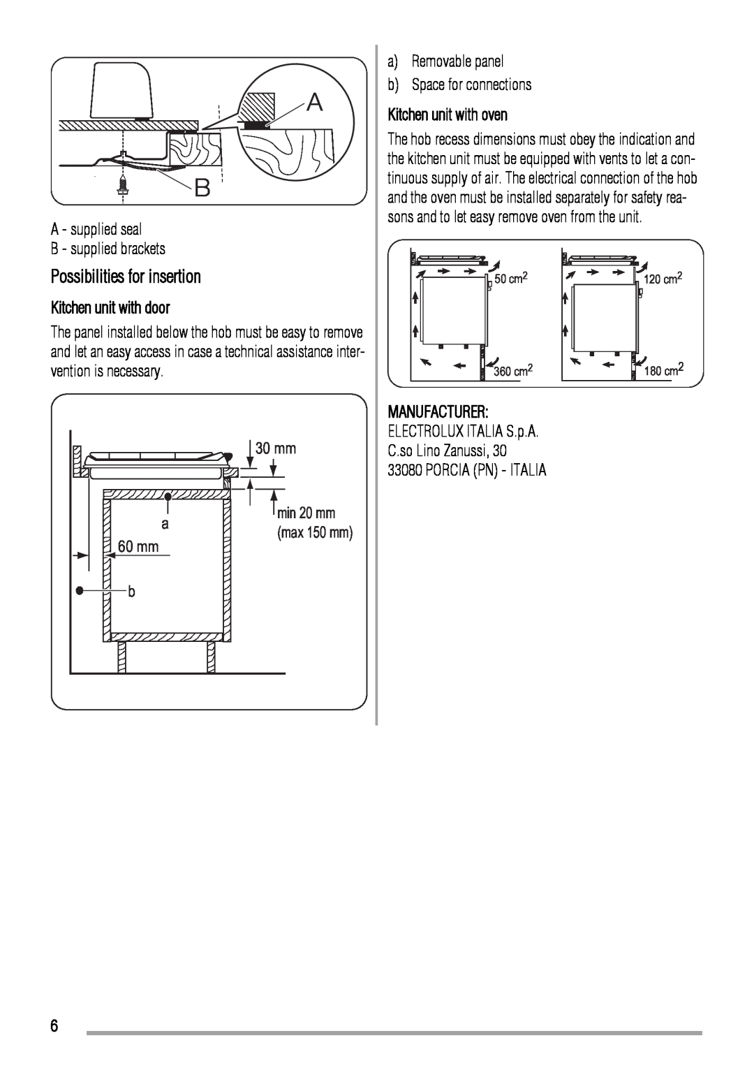 Zanussi ZGG649 user manual Possibilities for insertion, Kitchen unit with oven, Kitchen unit with door, Manufacturer 