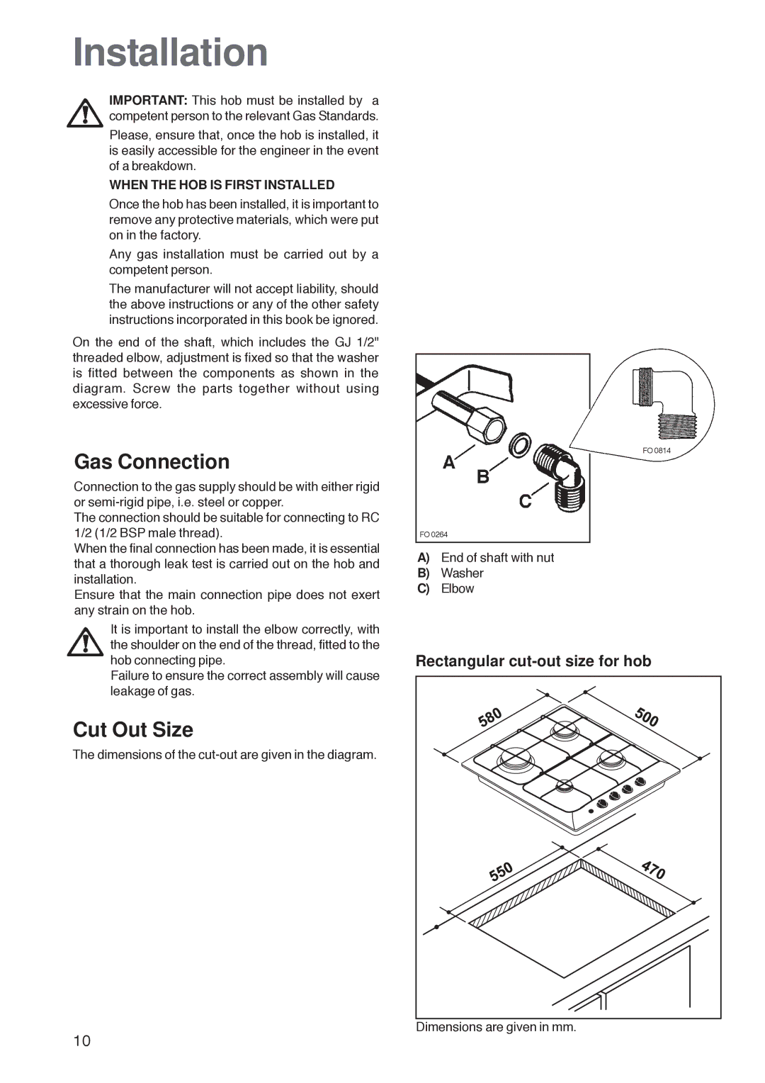 Zanussi ZGL 62 ITX manual Installation, Gas Connection, Cut Out Size 