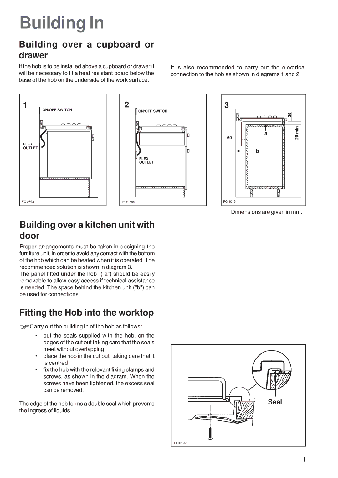 Zanussi ZGL 62 ITX manual Building over a cupboard or drawer, Building over a kitchen unit with door 