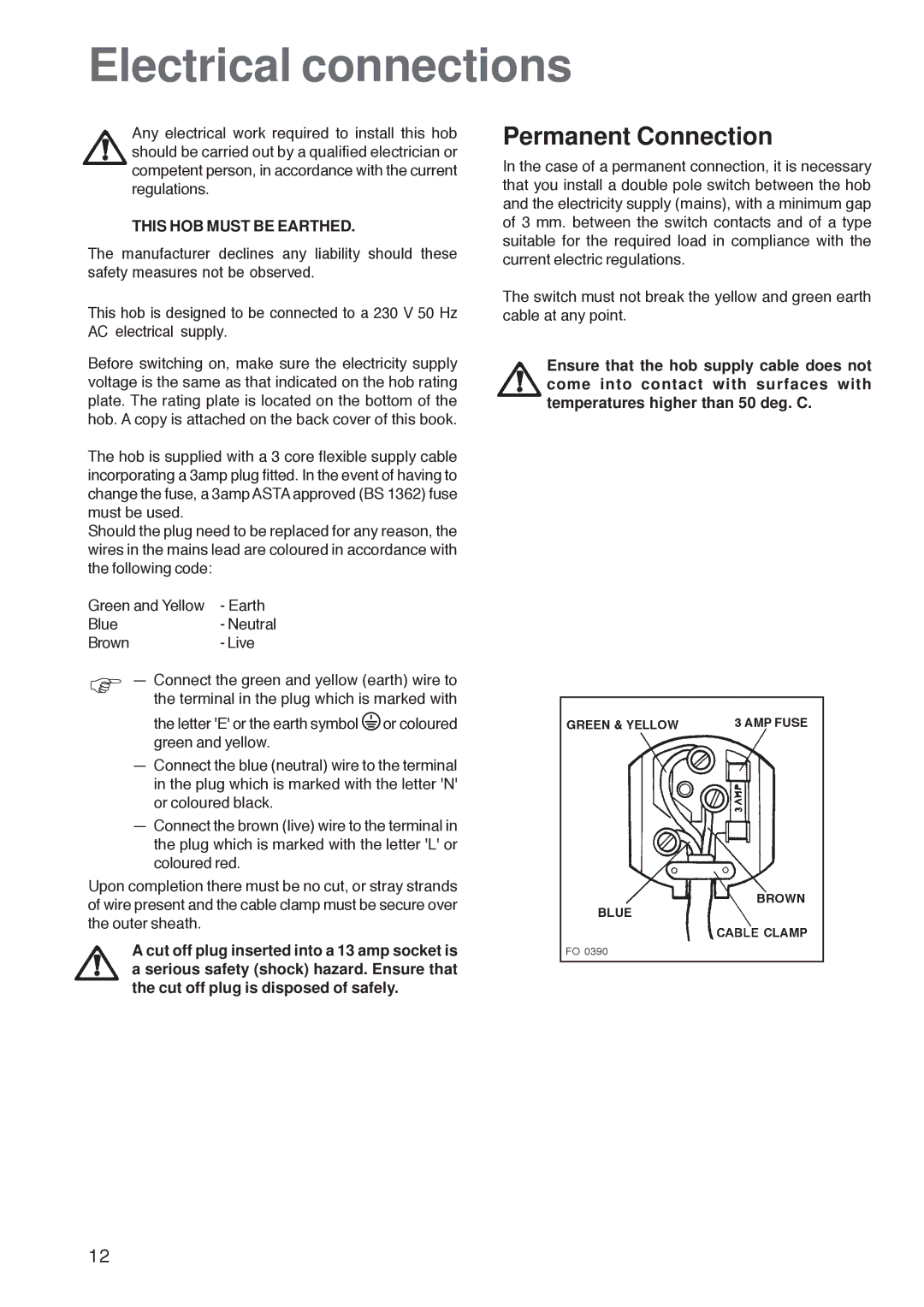 Zanussi ZGL 62 ITX manual Electrical connections, Permanent Connection 