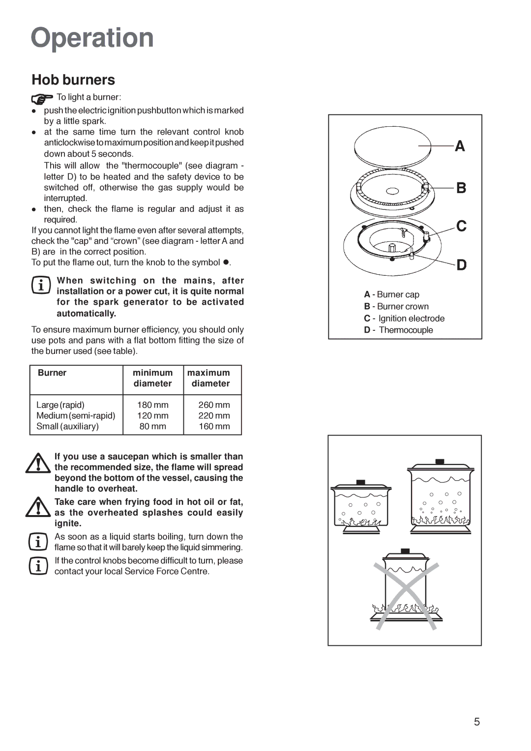 Zanussi ZGL 62 ITX manual Operation, Hob burners 