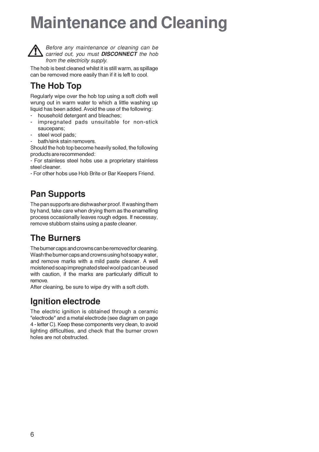 Zanussi ZGL 62 ITX manual Maintenance and Cleaning, Hob Top, Pan Supports, Burners, Ignition electrode 