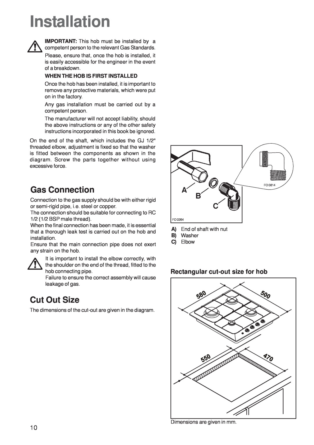 Zanussi ZGL 62 ITX manual Installation, Gas Connection, Cut Out Size, Rectangular cut-outsize for hob 