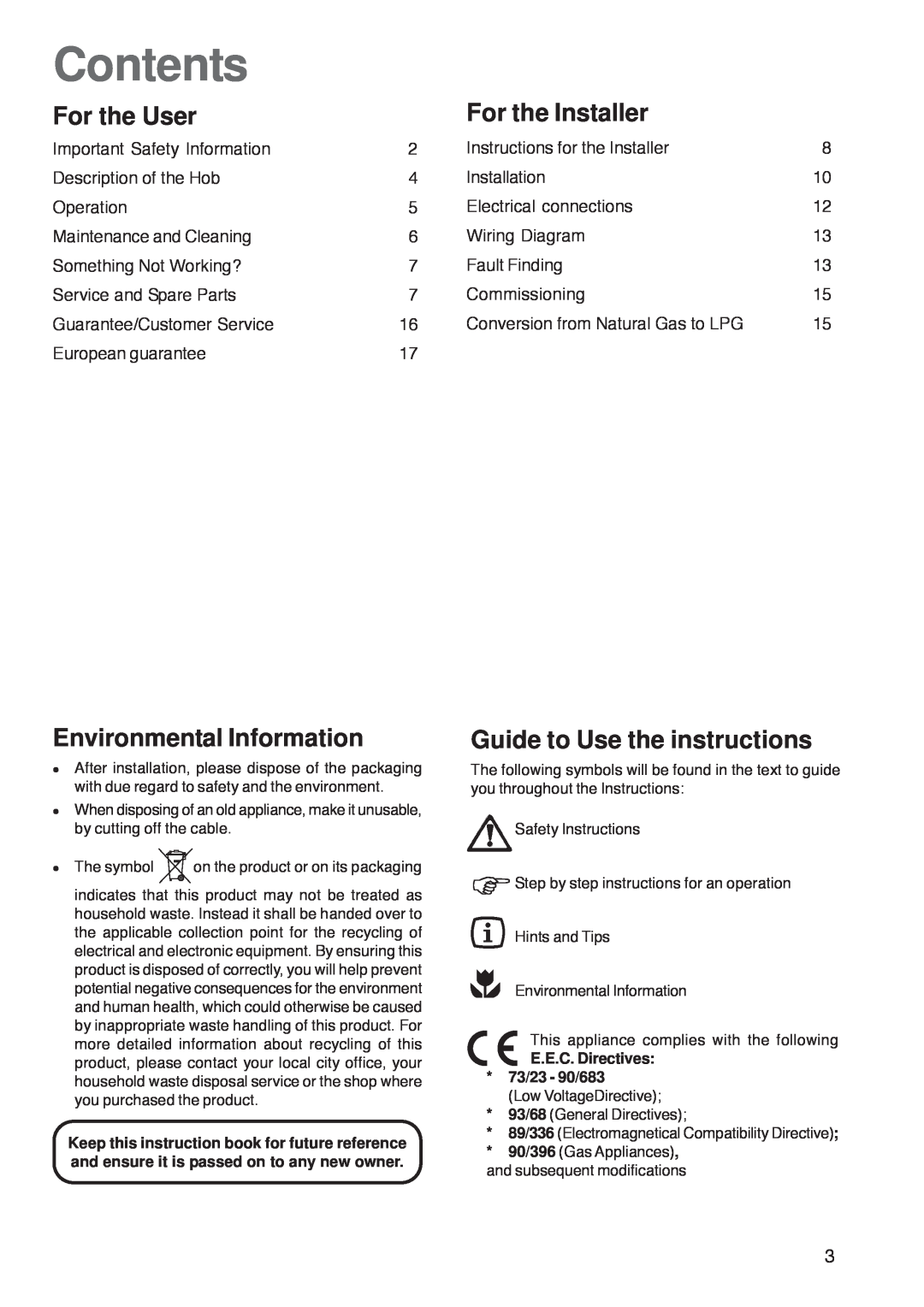 Zanussi ZGL 62 ITX Contents, For the User, For the Installer, Environmental Information, Guide to Use the instructions 