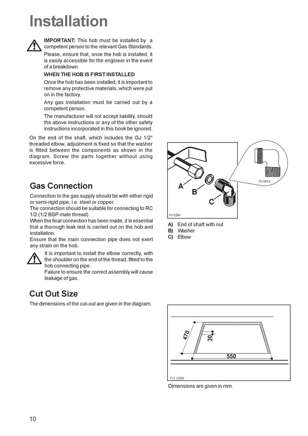 Zanussi ZGL 62 manual Installation, Gas Connection, Cut Out Size 