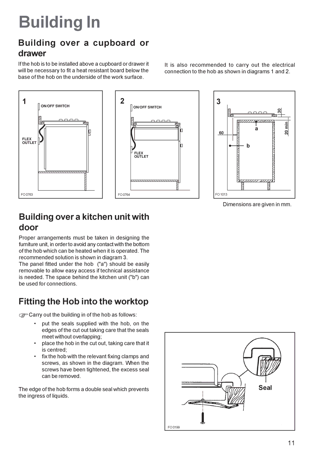 Zanussi ZGL 62 manual Building over a cupboard or drawer, Building over a kitchen unit with door 