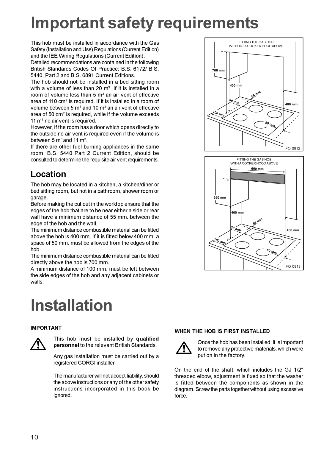 Zanussi ZGL 62 manual Important safety requirements, Installation, Location, When the HOB is First Installed 