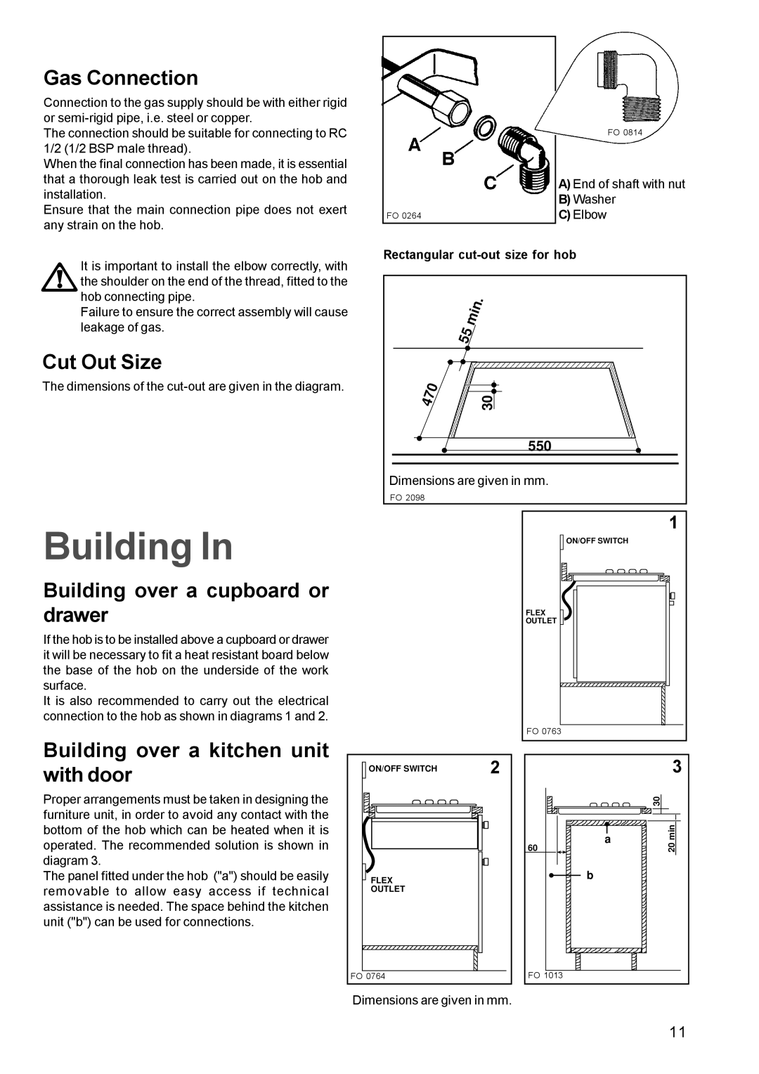 Zanussi ZGL 62 manual Gas Connection, Cut Out Size, Building over a cupboard or drawer 