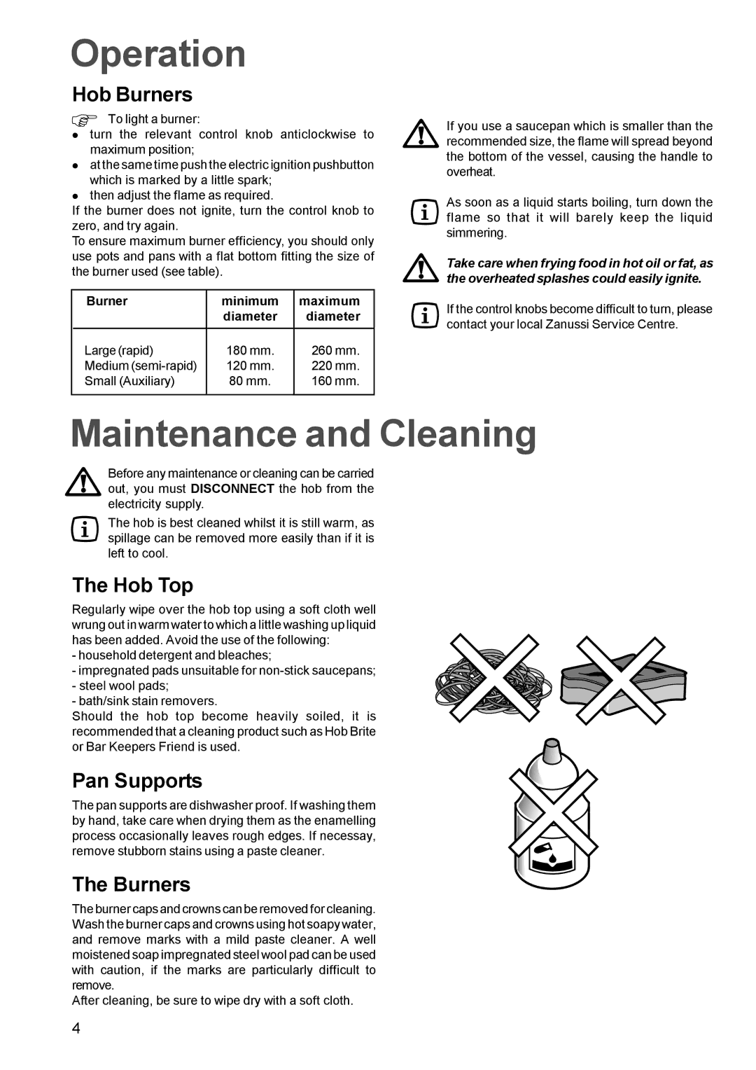 Zanussi ZGL 62 manual Operation, Maintenance and Cleaning 