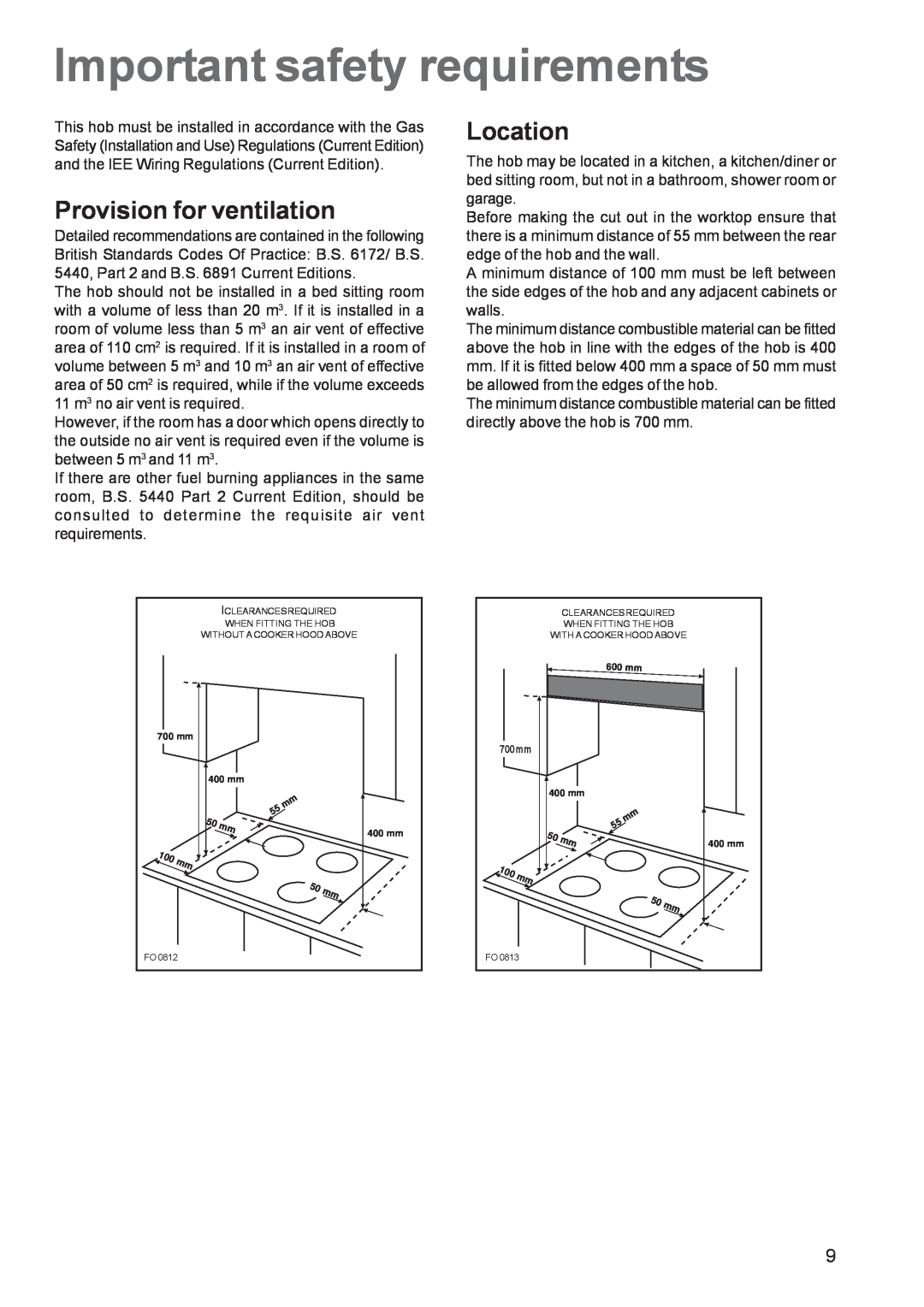 Zanussi ZGL 62 manual Important safety requirements, Provision for ventilation, Location 