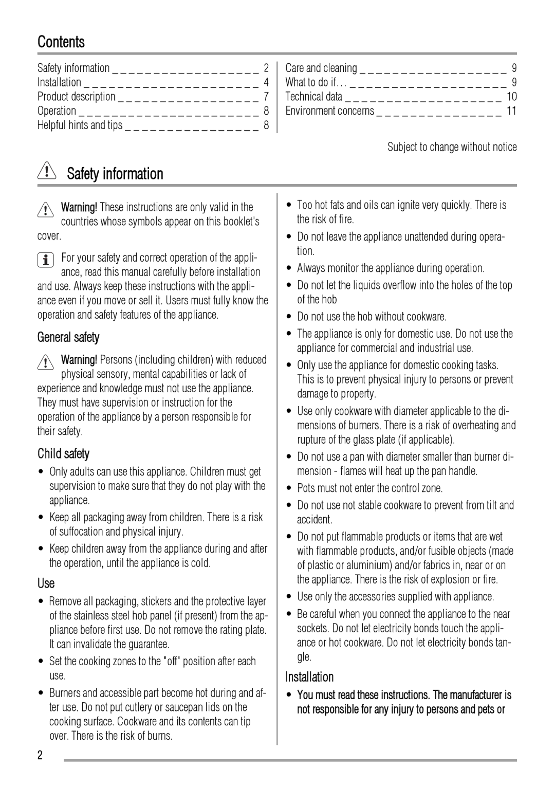 Zanussi ZGL62IT user manual Contents, Safety information 