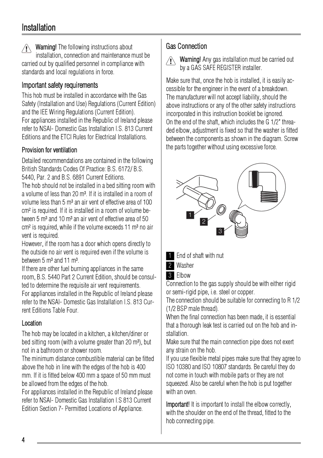 Zanussi ZGL62IT user manual Installation, Important safety requirements, Gas Connection, End of shaft with nut Washer Elbow 