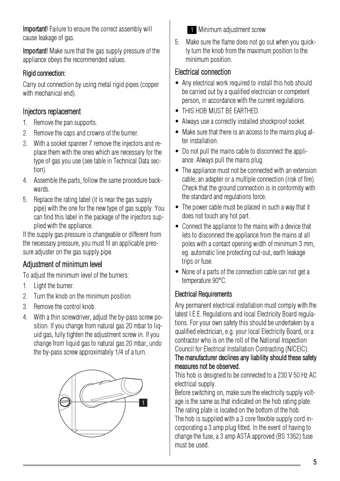 Zanussi ZGL62IT user manual Injectors replacement, Adjustment of minimum level, Electrical connection 